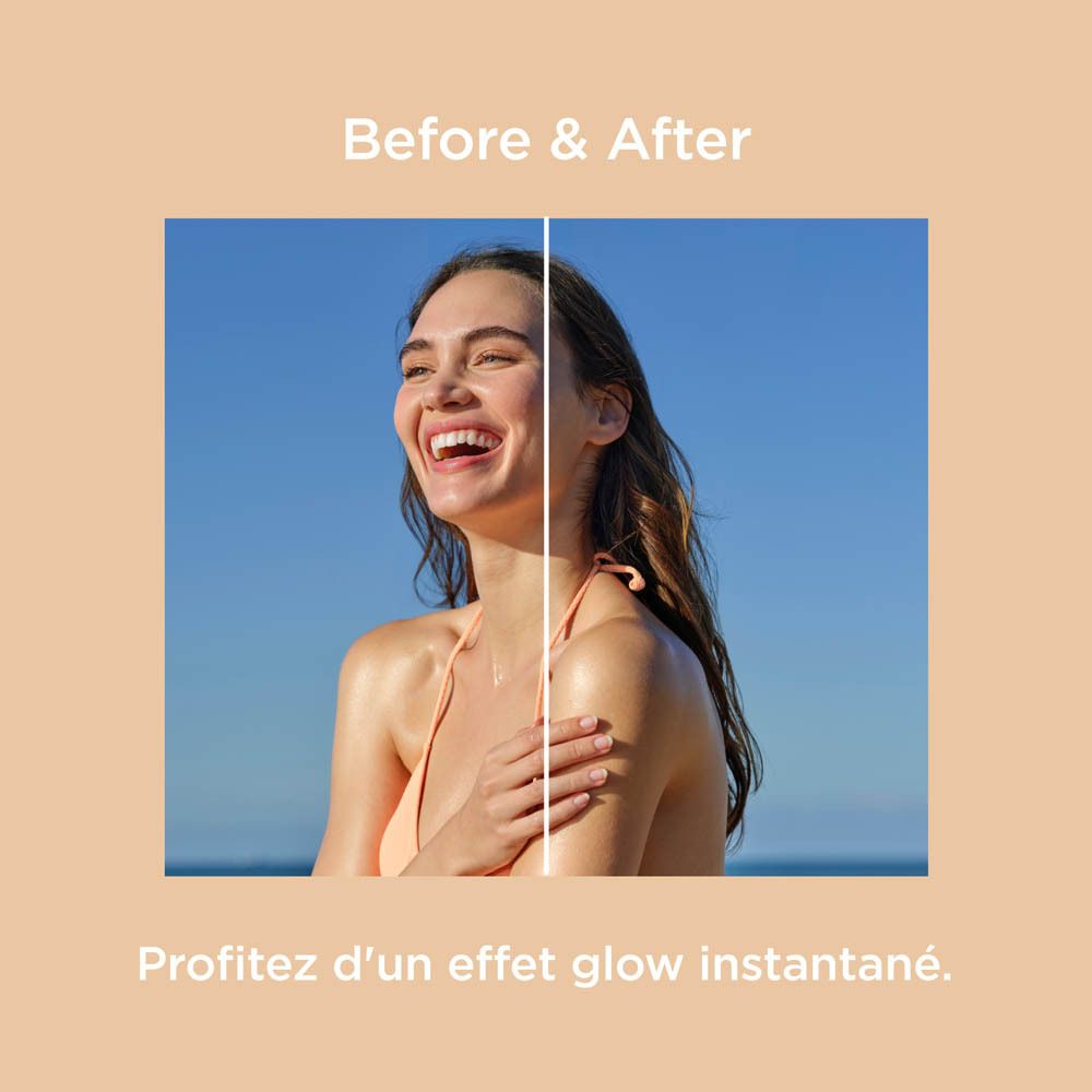 Image Avant & Après. Femme avec peau éclatante. Texte: Profitez d'un effet glow instantané.