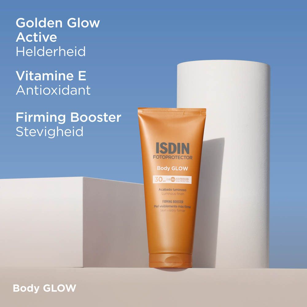 Voor- en na-afbeelding. Vrouw met stralende huid. Tekst: Geniet van een instant glow-effect.
