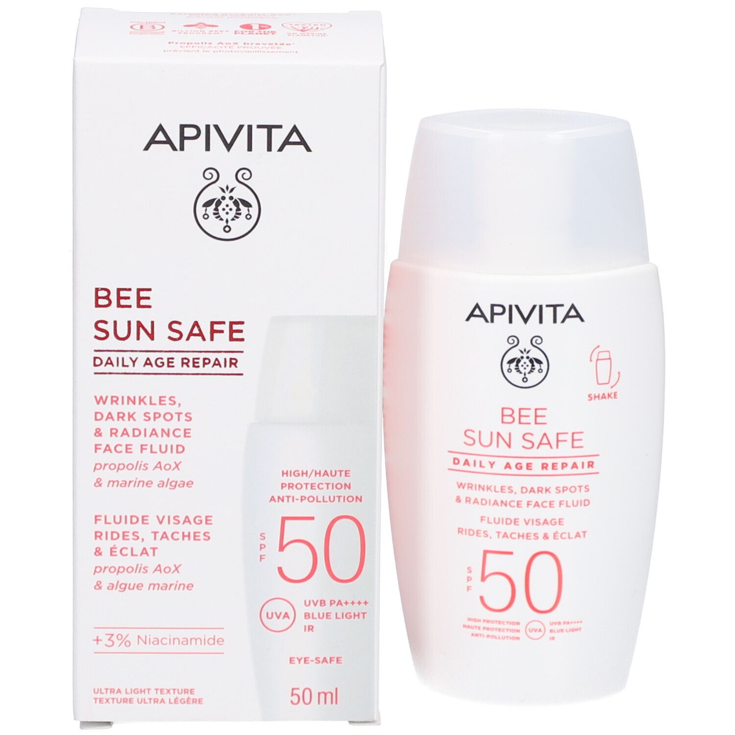 Apivita zonnebrandfles en verpakking, SPF 50, 50ml.