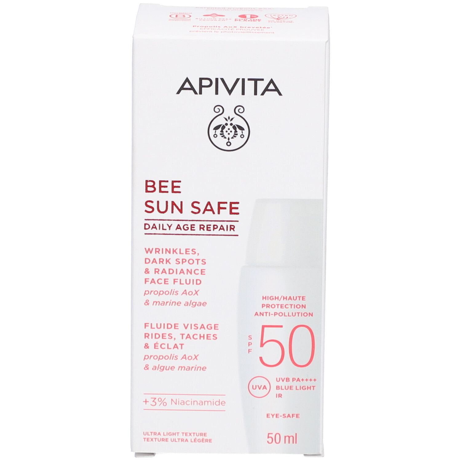 Apivita zonnebrandfles en verpakking, SPF 50, 50ml.