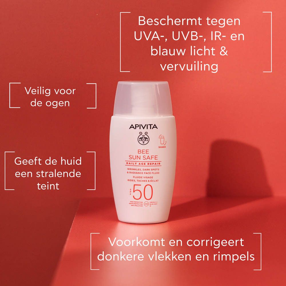 Productverpakking. Merk: Apivita Bee Sun Safe. SPF 50. Witte doos met tekst.
