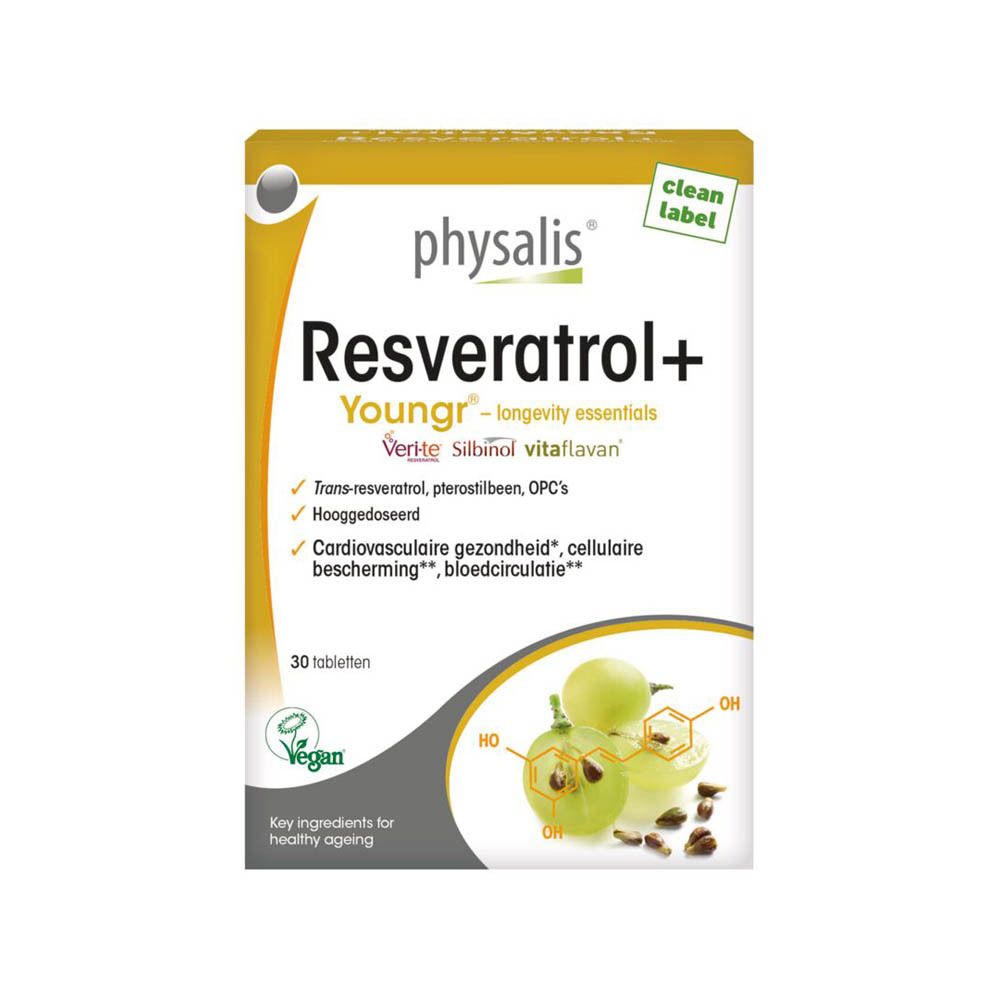 Kartonnen doos met productnaam en logo. Bevat 30 tabletten. Vegan-label.