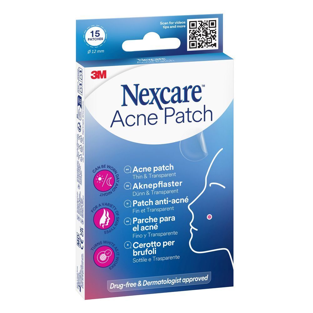 Nexcare Acne Patch verpakking. 15 pleisters, 12 mm diameter. Opschrift: Acne Patch, dun & transparant.