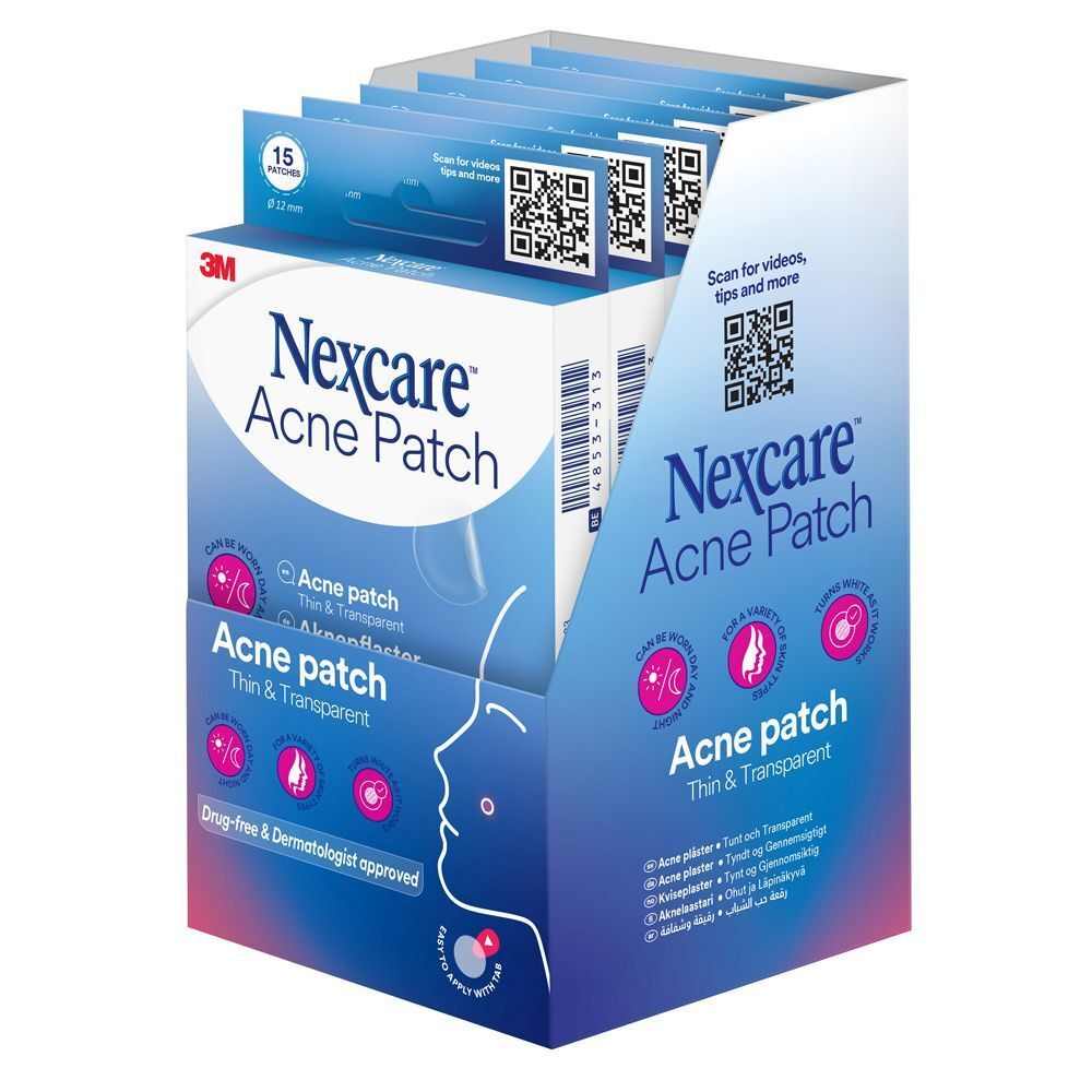 Nexcare Acne Patch verpakking. 15 pleisters, 12 mm diameter. Opschrift: Acne Patch, dun & transparant.