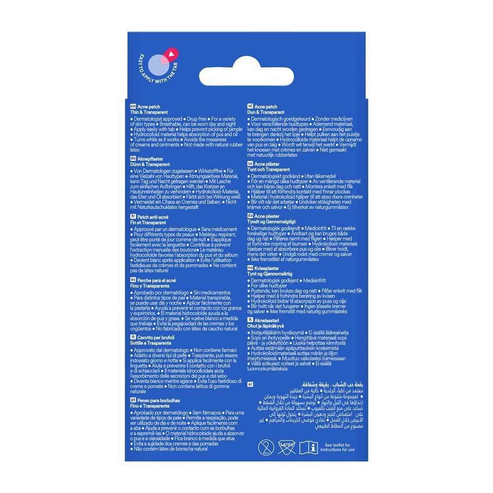 Nexcare Acne Patch verpakking. 15 pleisters, 12 mm diameter. Opschrift: Acne Patch, dun & transparant.