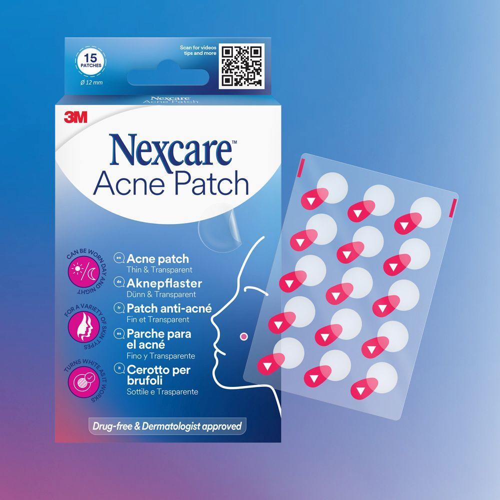 Nexcare Acne Patch verpakking. 15 pleisters, 12 mm diameter. Opschrift: Acne Patch, dun & transparant.