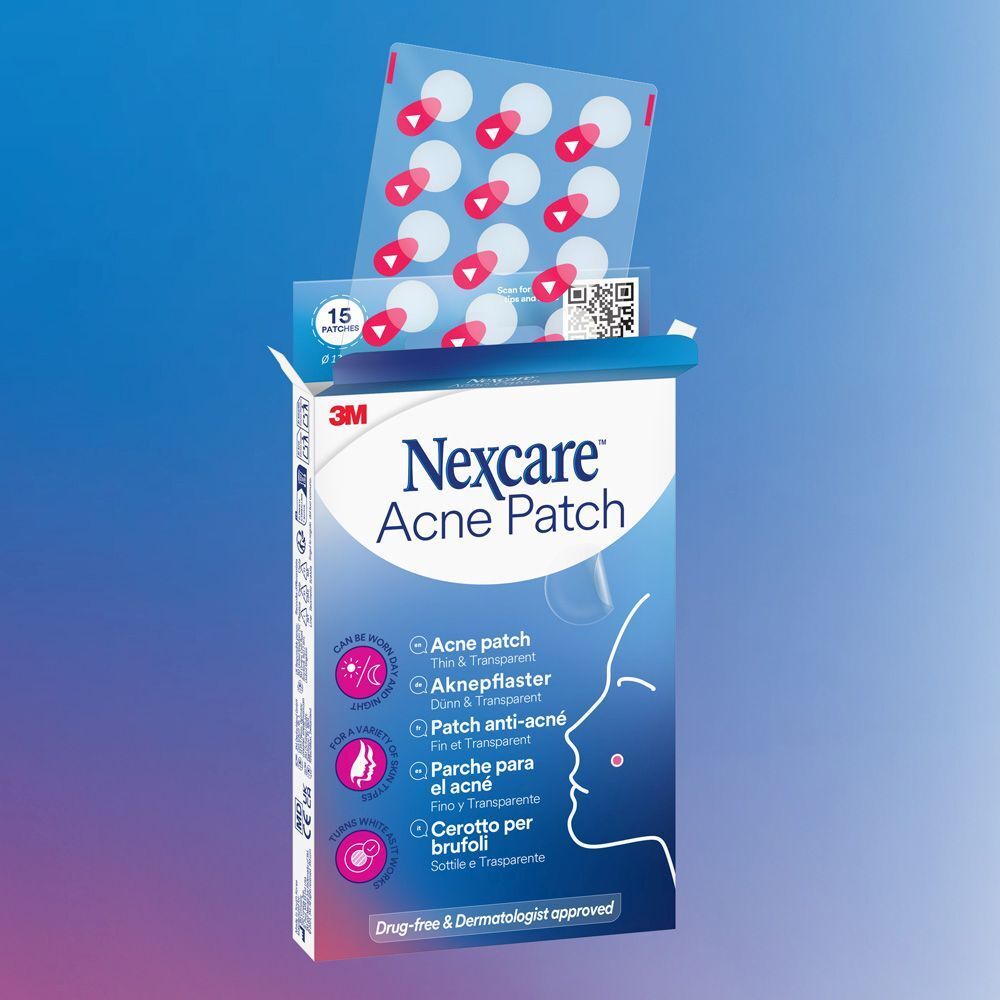 Nexcare Acne Patch verpakking. 15 pleisters, 12 mm diameter. Opschrift: Acne Patch, dun & transparant.