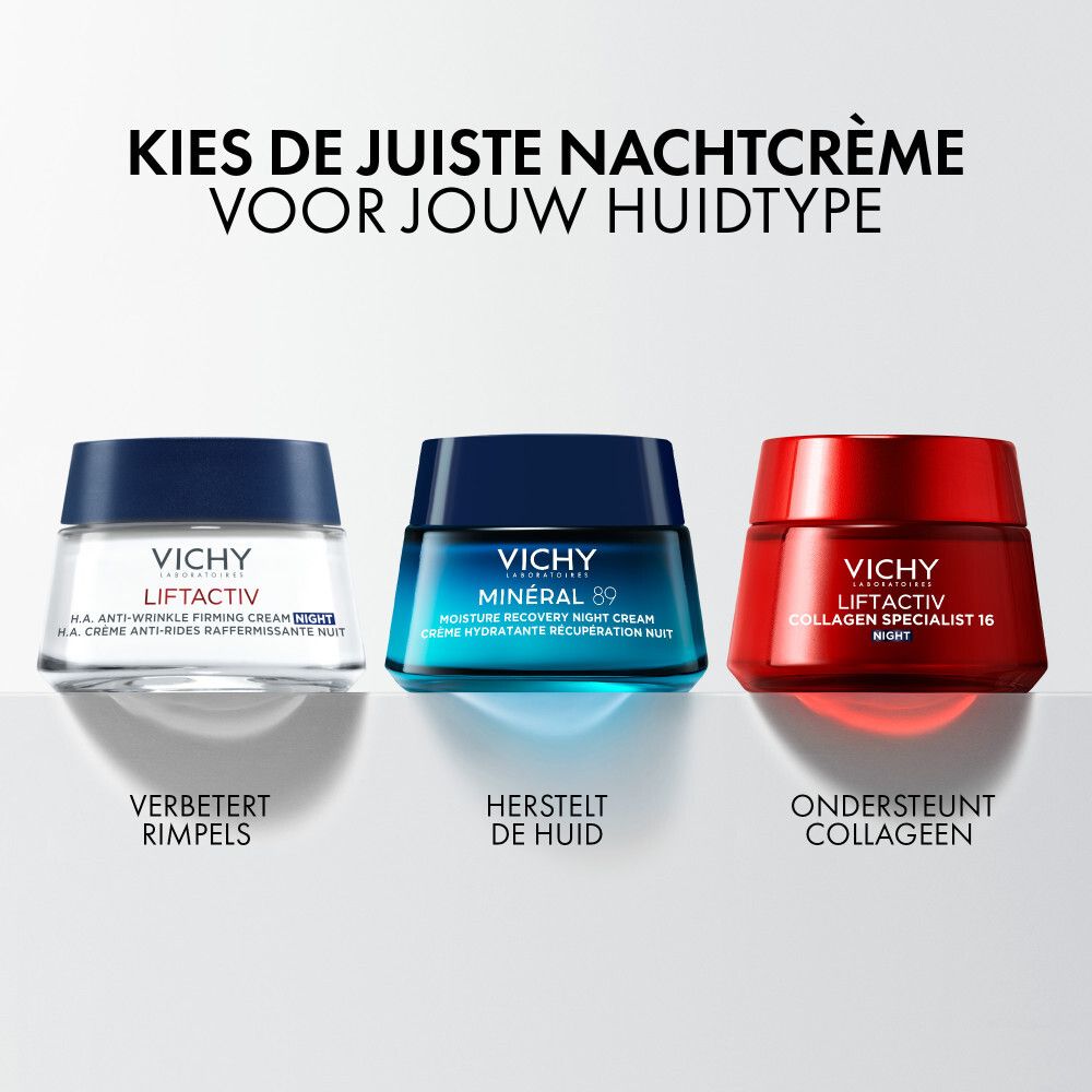 Drie Vichy crèmes. Tekst: Kies de juiste nachtcrème voor jouw huidtype.