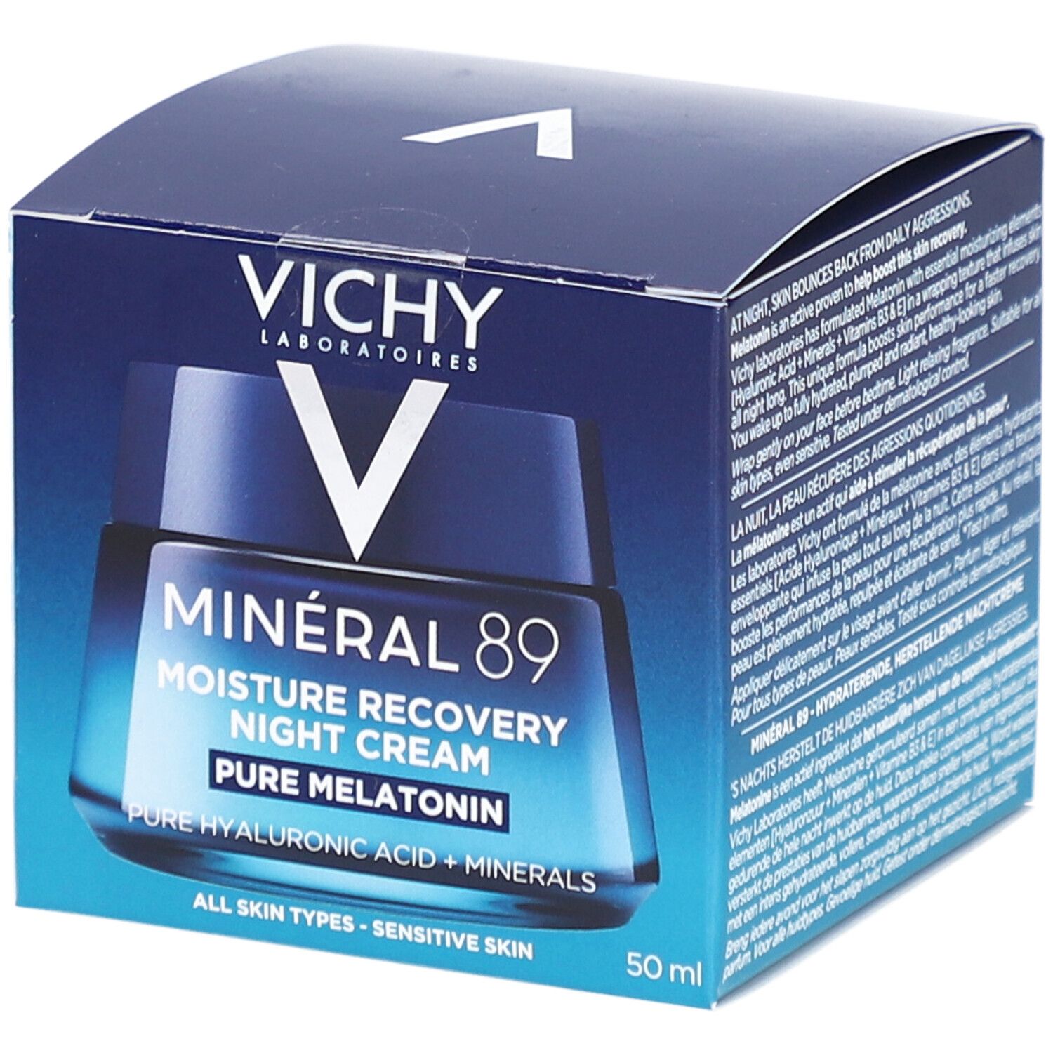 Boîte Vichy Mineral 89 Crème de Nuit. Emballage bleu avec informations et logo.