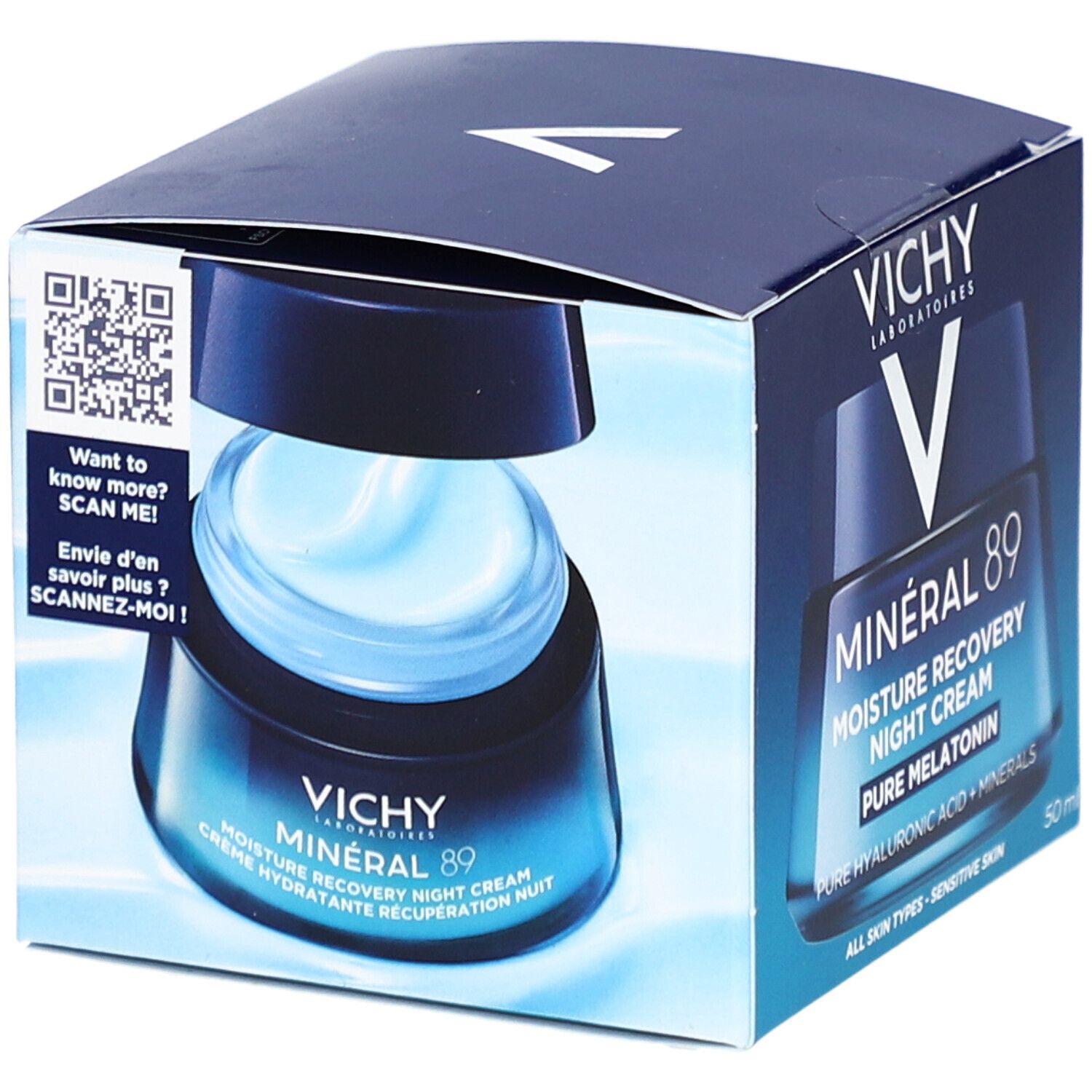 Boîte Vichy Mineral 89 Crème de Nuit ouverte. Produit et QR code visibles.