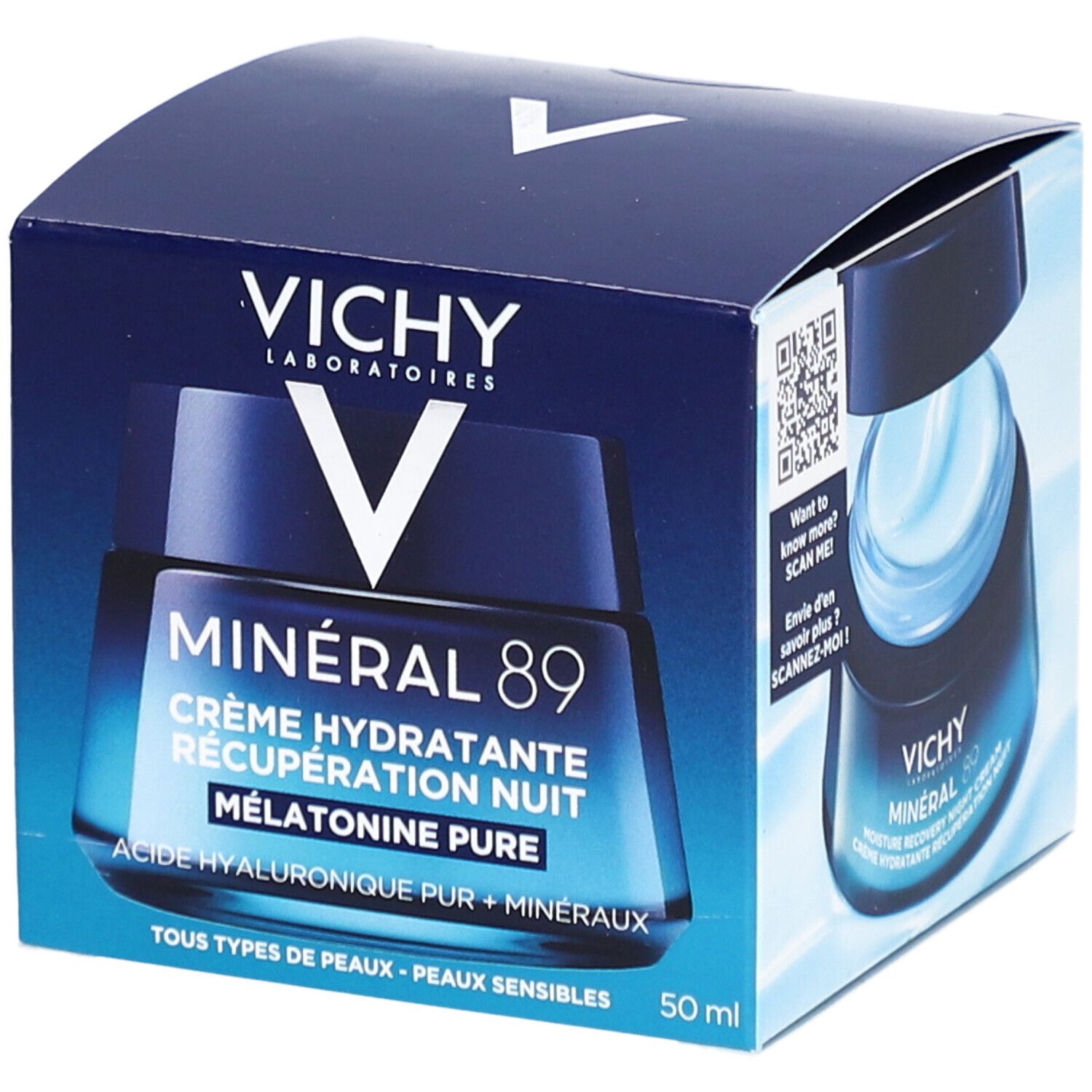 Boîte Vichy Mineral 89 Crème de Nuit. Emballage bleu avec produit et QR code.