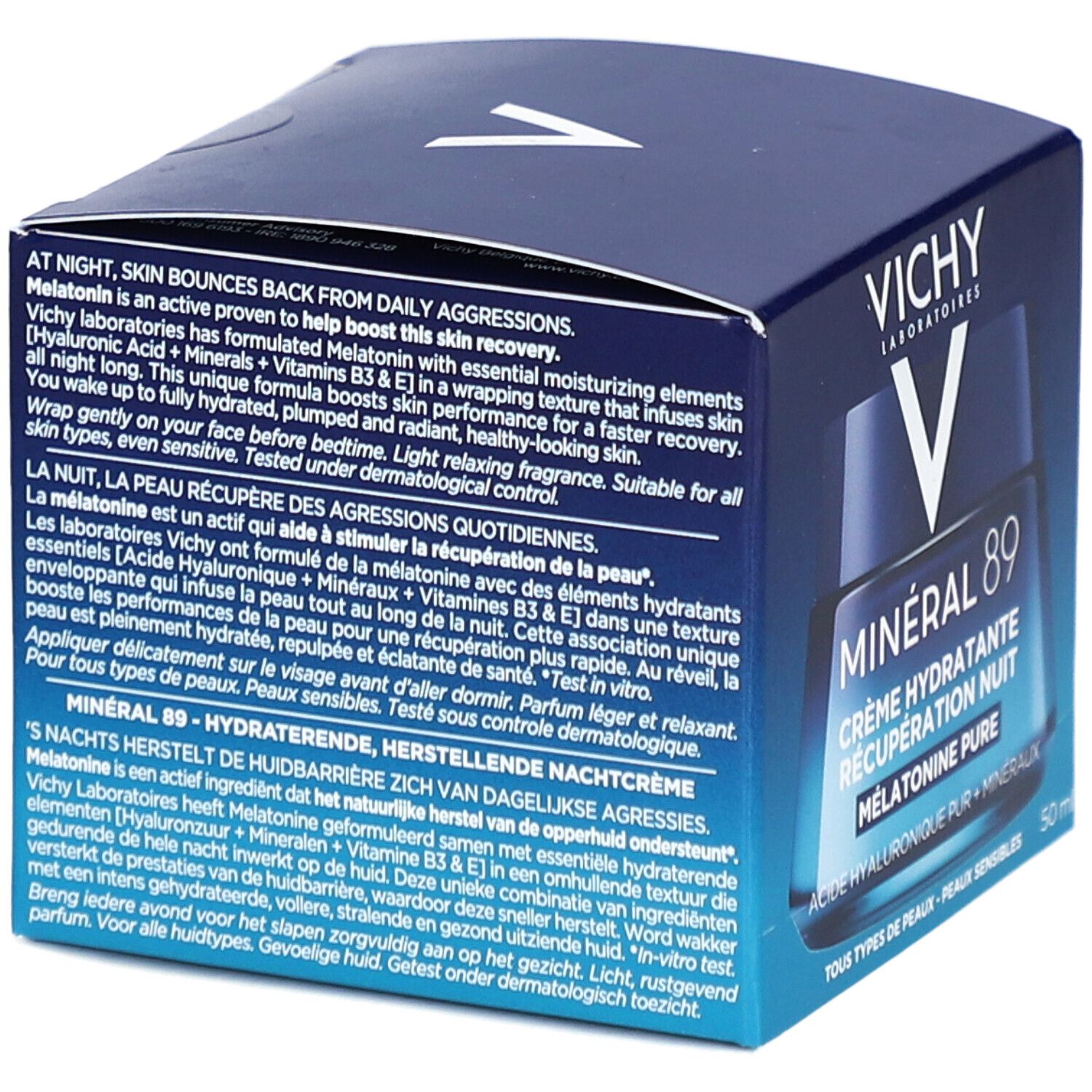 Dos de la boîte Vichy Mineral 89 Crème de Nuit avec texte multilingue.