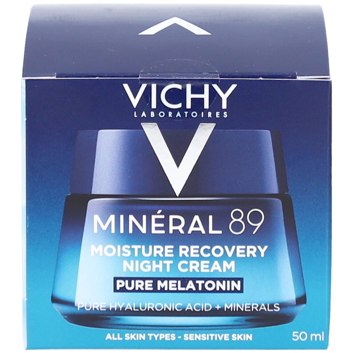 Boîte Vichy Mineral 89 Crème de Nuit. Emballage bleu avec produit et logo.