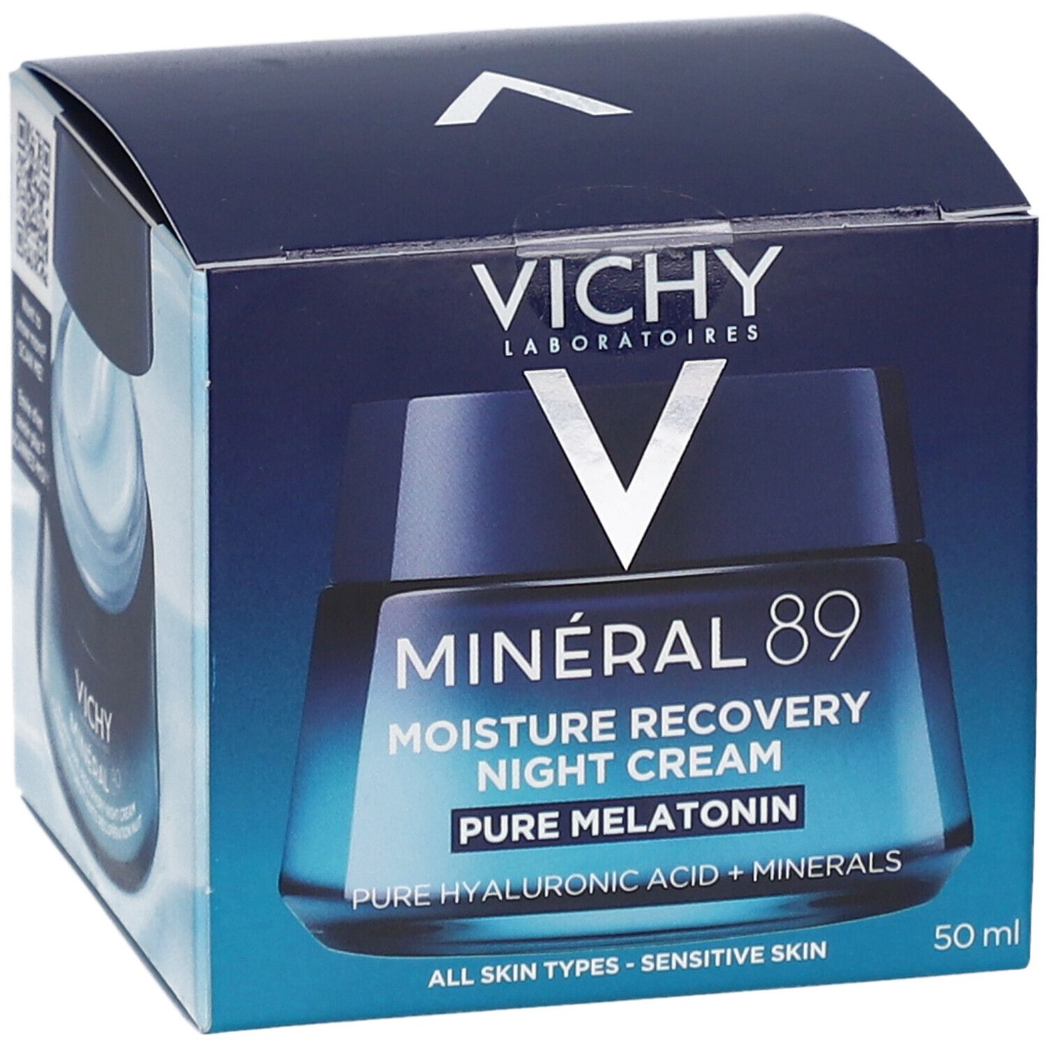 Boîte Vichy Mineral 89 Crème de Nuit. Emballage bleu avec produit et logo.