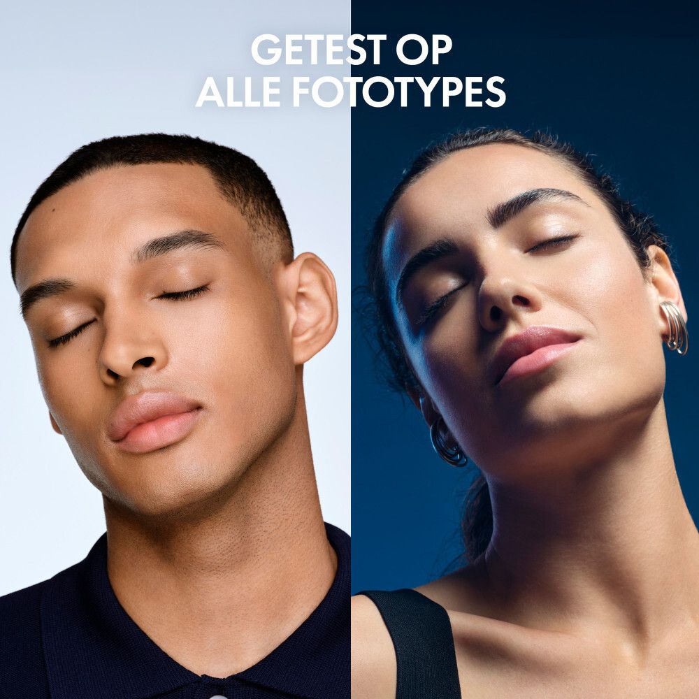 Twee personen met gesloten ogen. Tekst: Getest op alle fototypes.