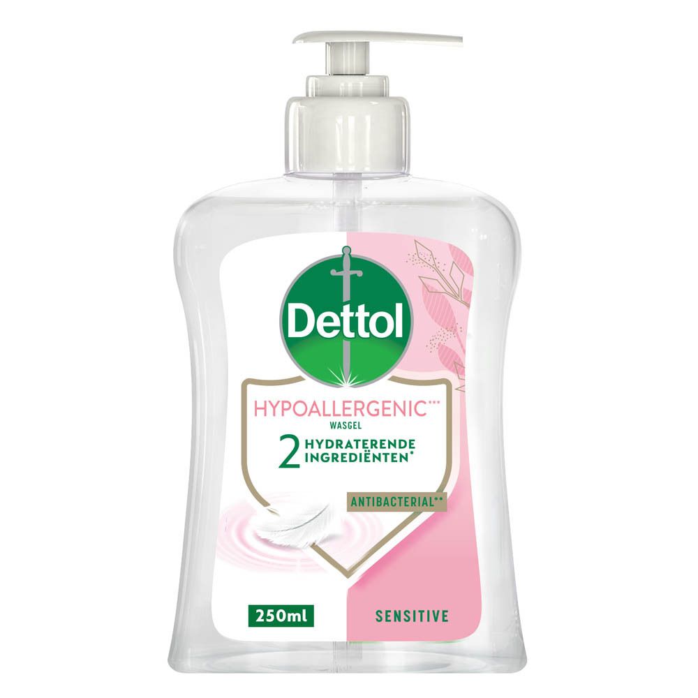 Flacon transparent avec pompe blanche. Étiquette Dettol, nom du produit et ingrédients. 250ml.