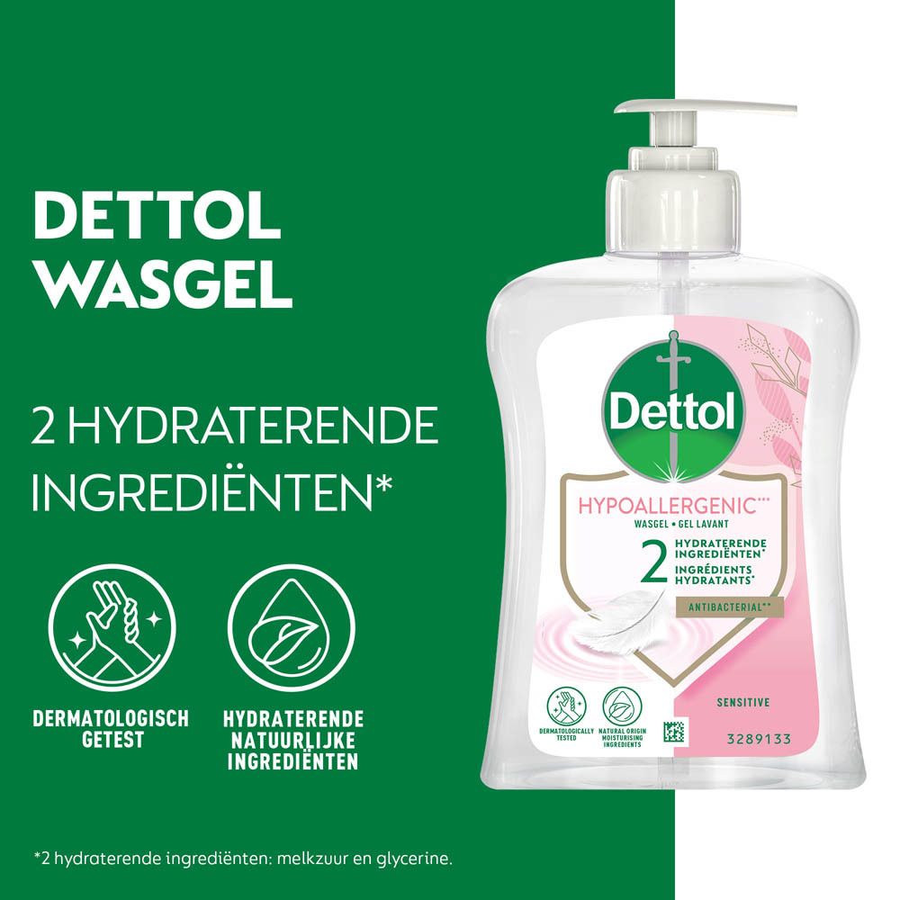 Reclamebord met Dettol wasgel. Product, logo, ingrediënten en certificeringen. Groen en wit.