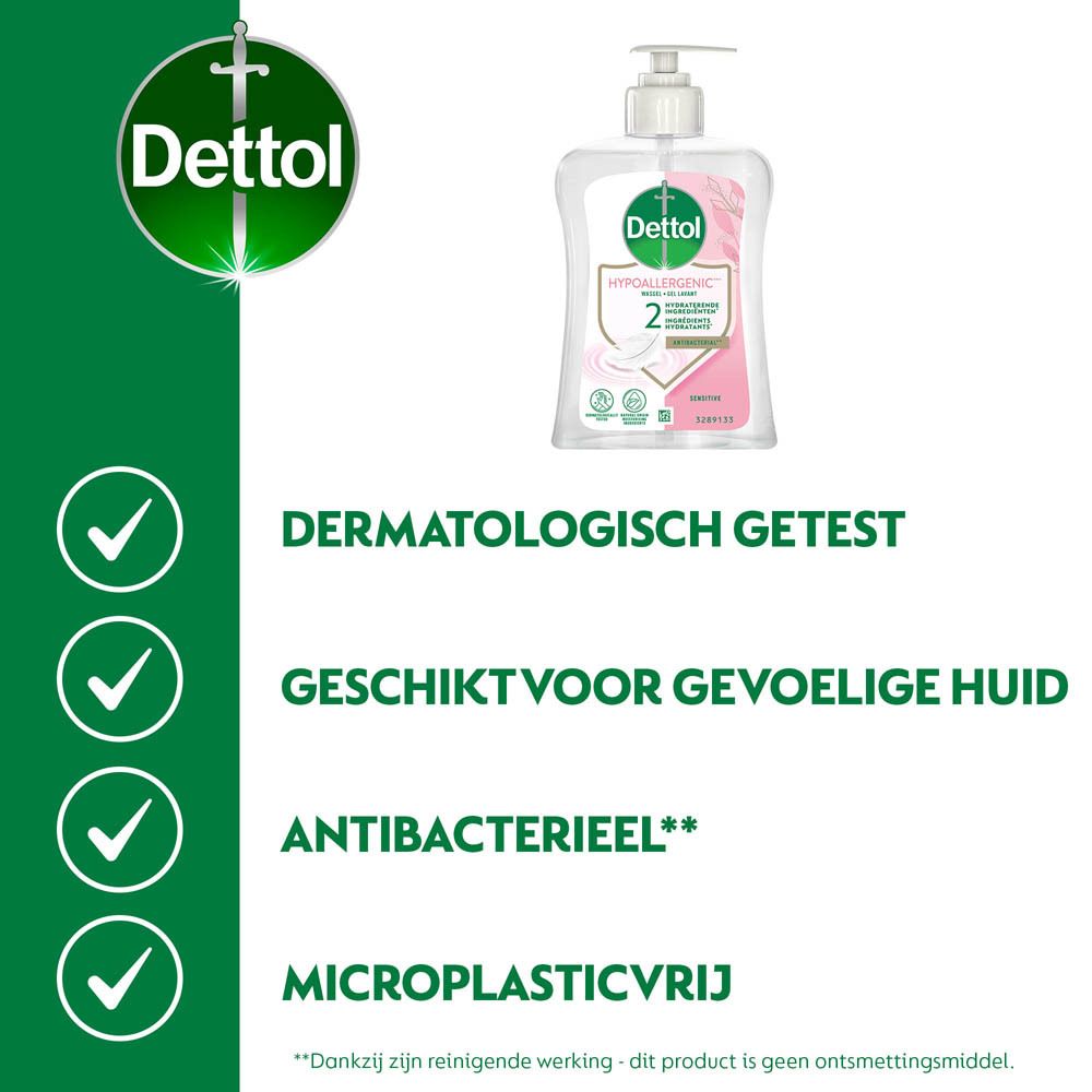 Reclamebord met Dettol-product en groene vinkjes. Dermatologisch getest, gevoelige huid, antibacterieel.