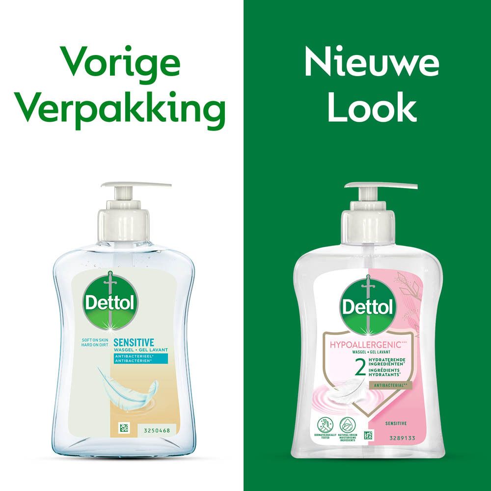Vergelijking: oude en nieuwe verpakking van Dettol-product. Beide flessen met logo en productnaam.