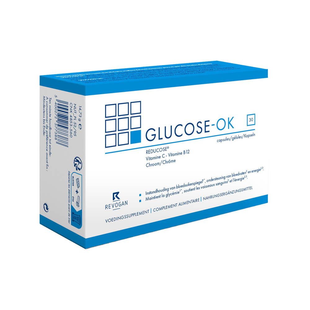 Doos "GLUCOSE-OK" in blauw en wit. Merk Revogan. Productafbeelding.