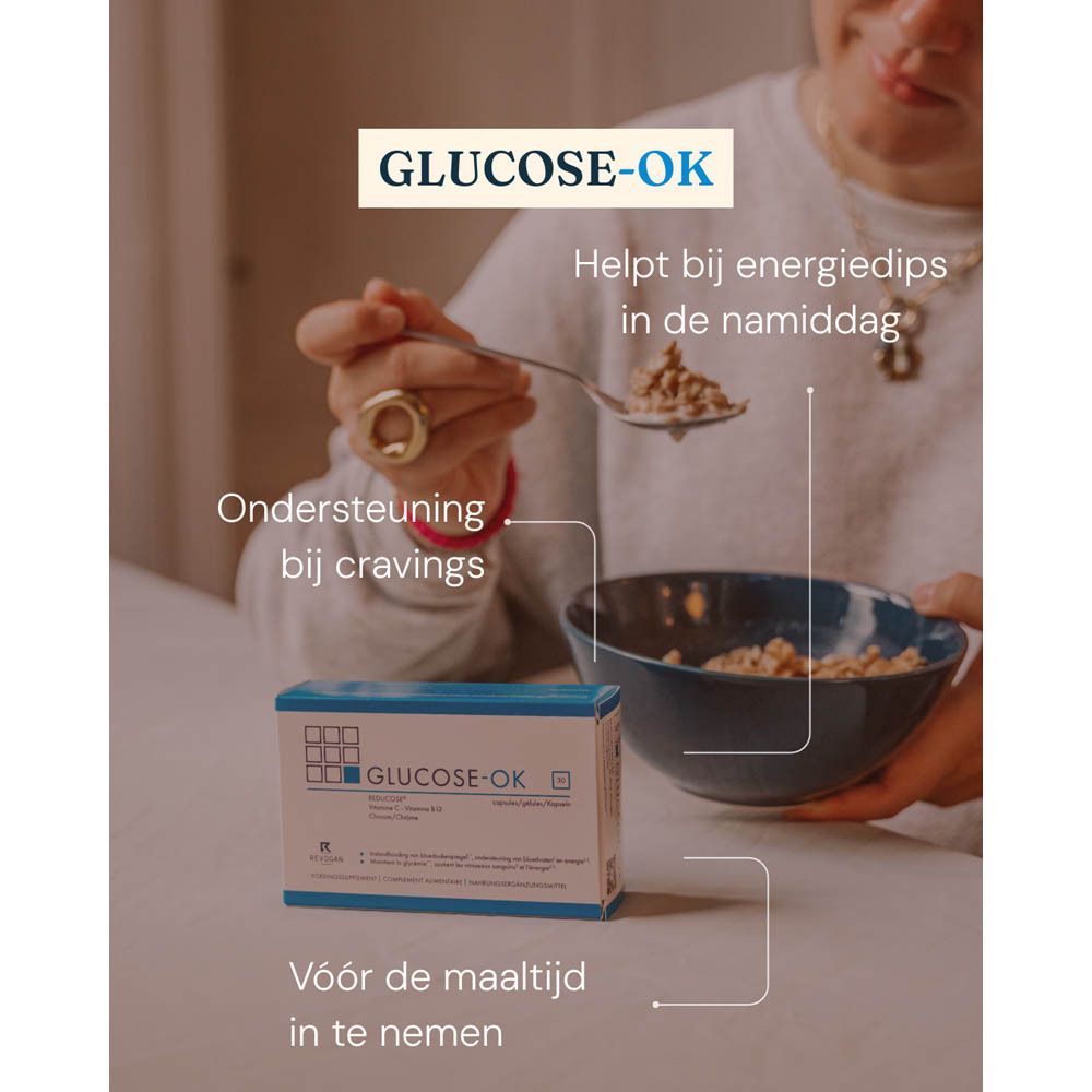 Afbeelding met "GLUCOSE-OK" en tekst. Bevat ingrediënten en voordelen.