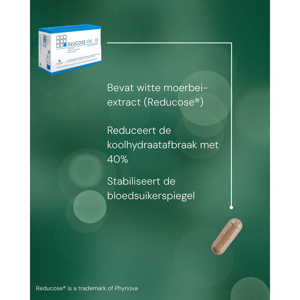 Capsule met ingrediënten. Bevat moerbei, kaneel, chroom, Vit C, B12.
