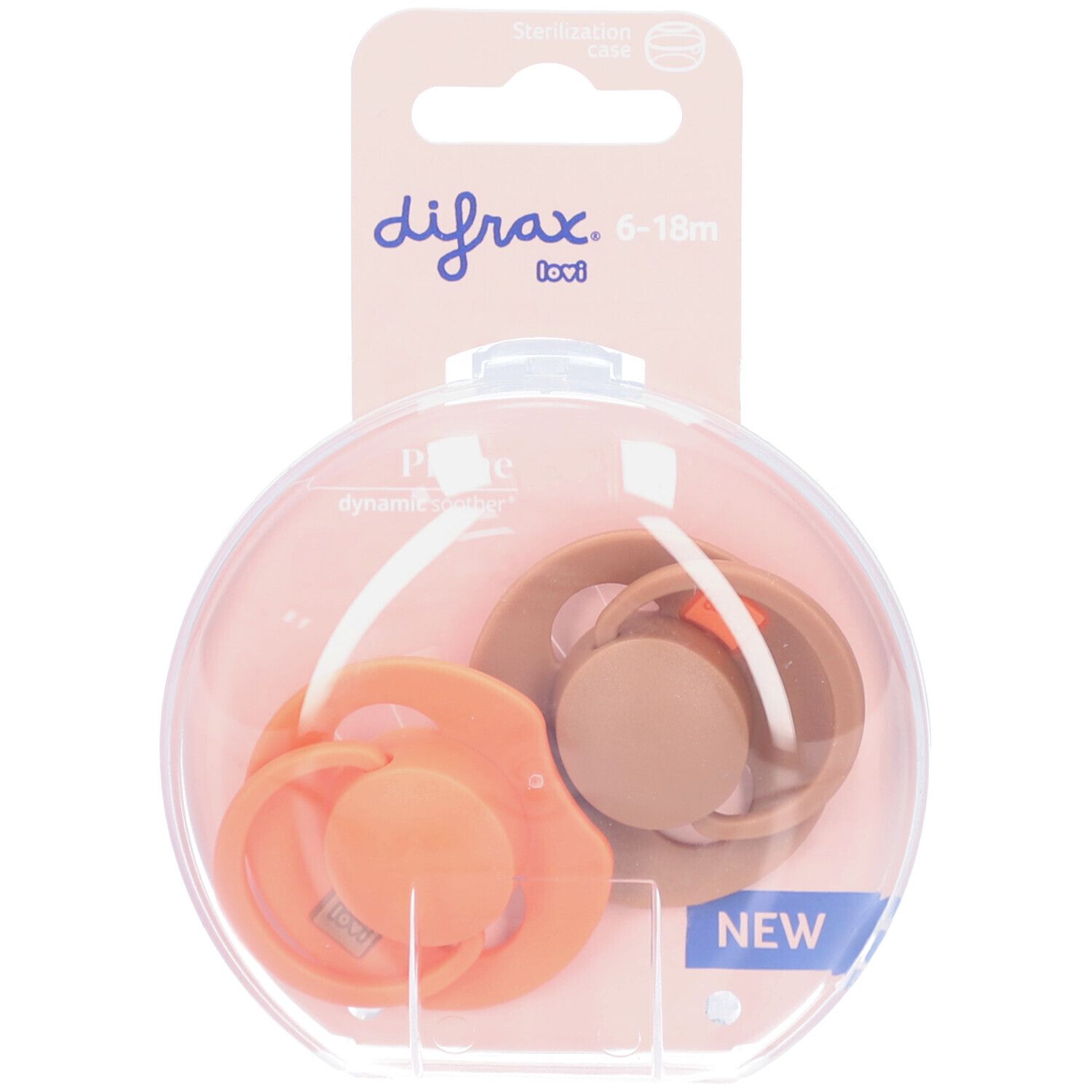 Twee fopspenen in een ronde, transparante verpakking. Op de verpakking staat "difrax" en "6-18m".