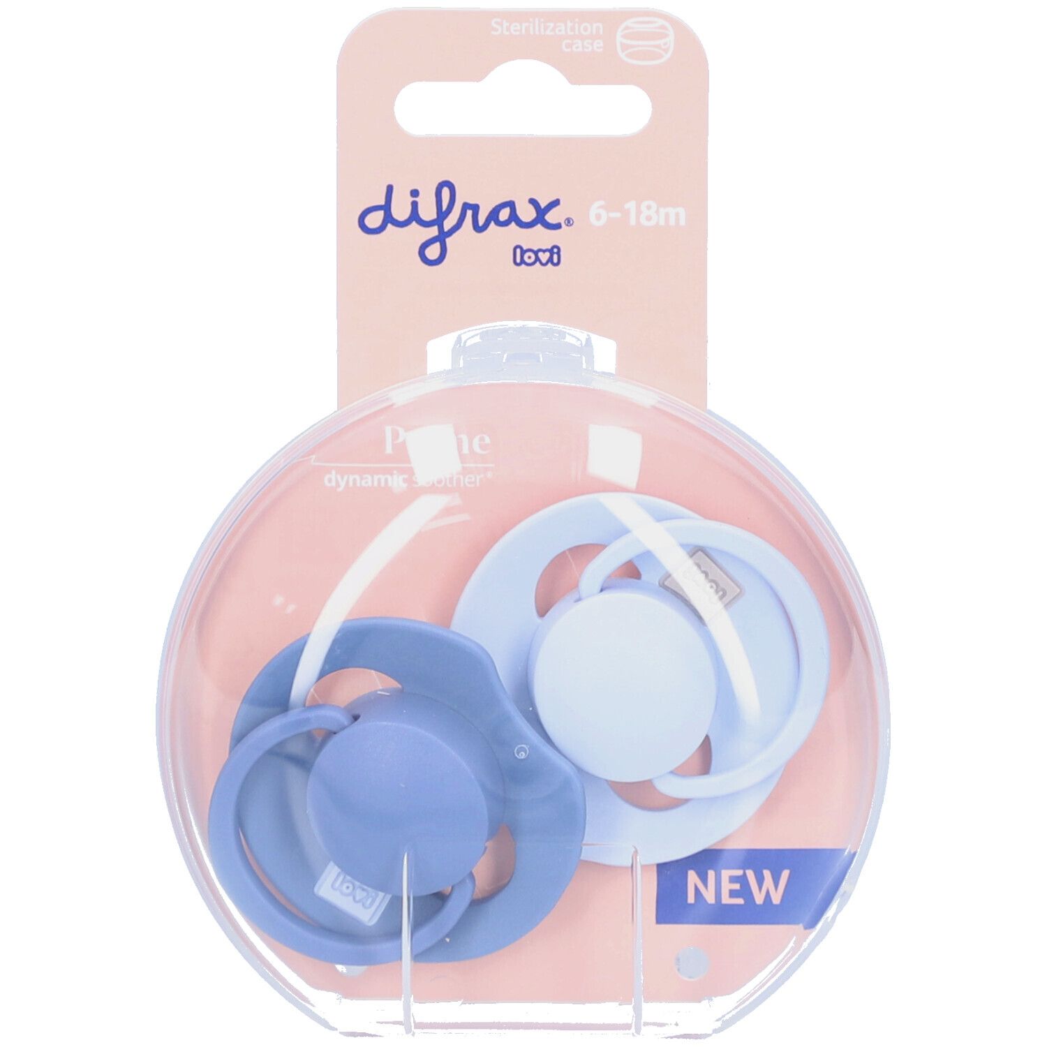 Twee blauwe fopspenen in ronde verpakking. Zichtbaar: merk Difrax, maat 6-18m, 'NEW' sticker.