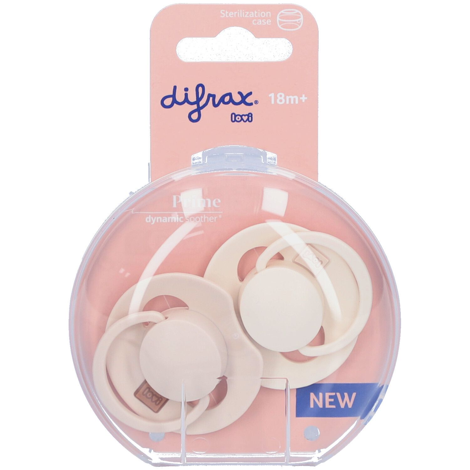 Twee fopspenen in ronde verpakking. Opschrift: Difrax, 18m+. Prime, Dynamic, Ivory. Met sterilisatiebox.
