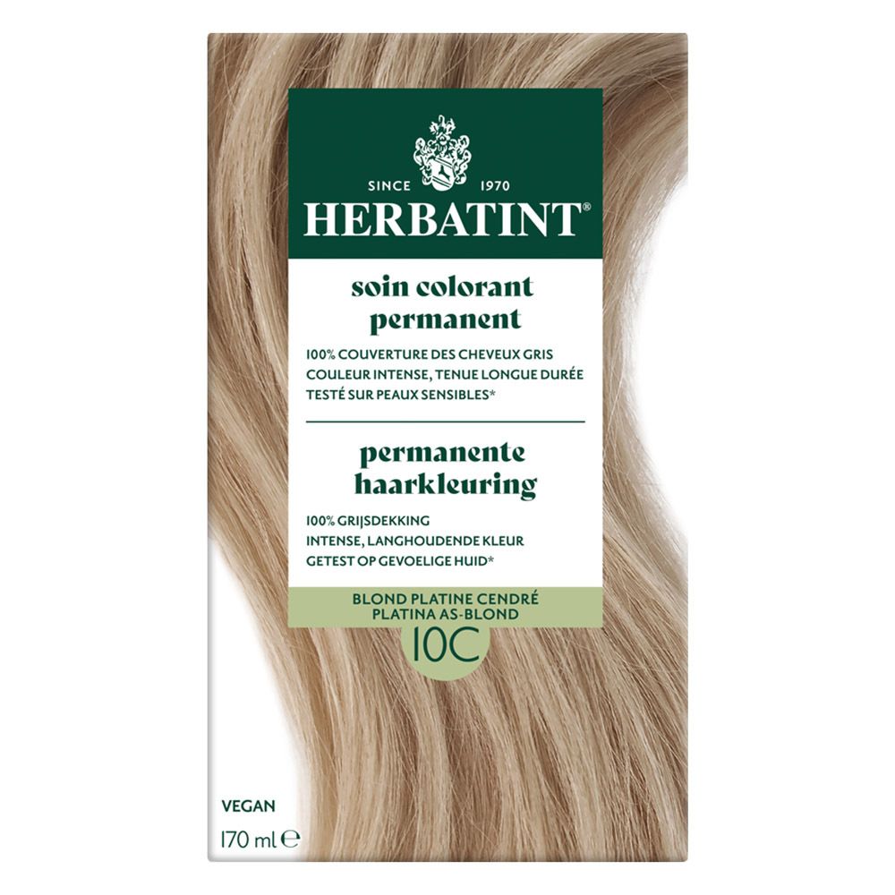 Herbatint Soin Colorant Permanent 10C Blond Platine Cendré. Vegan. 170 ml. Couvre les cheveux gris. Testé sur peaux sensibles.