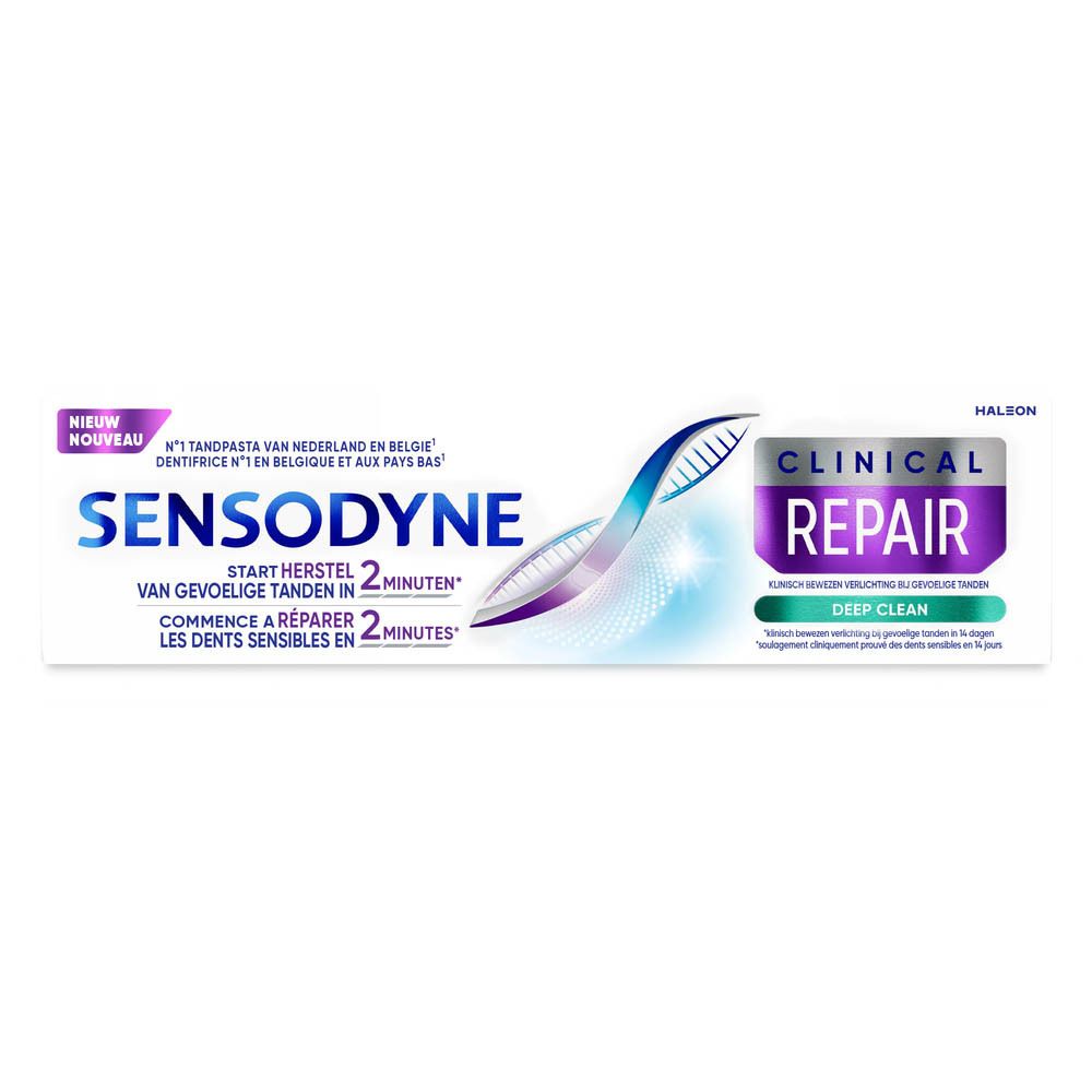 Tandpasta tube. Sensodyne Clinical Repair. Wit en paars design. Tekst: Herstelt gevoelige tanden in 2 minuten.