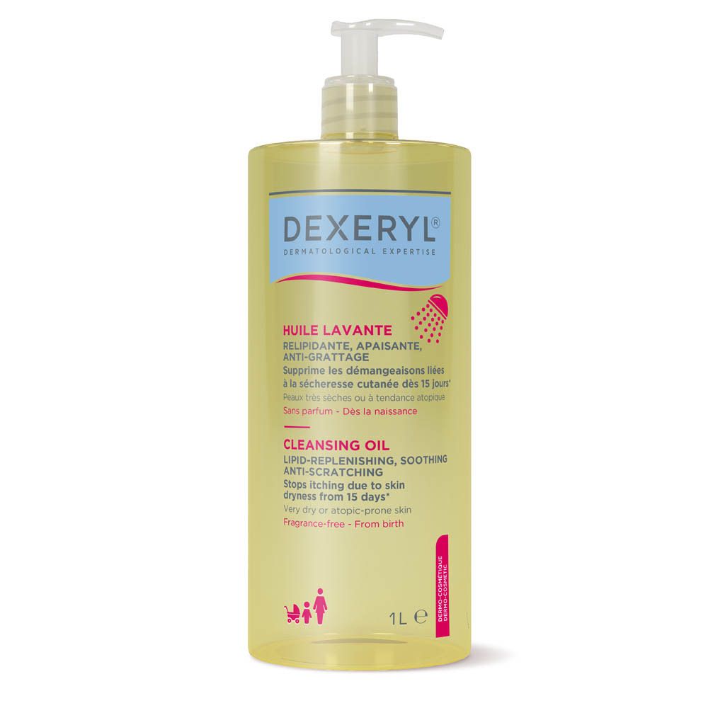 DEXERYL Huile Lavante. Flacon jaune avec pompe. Texte et logo. 1L.