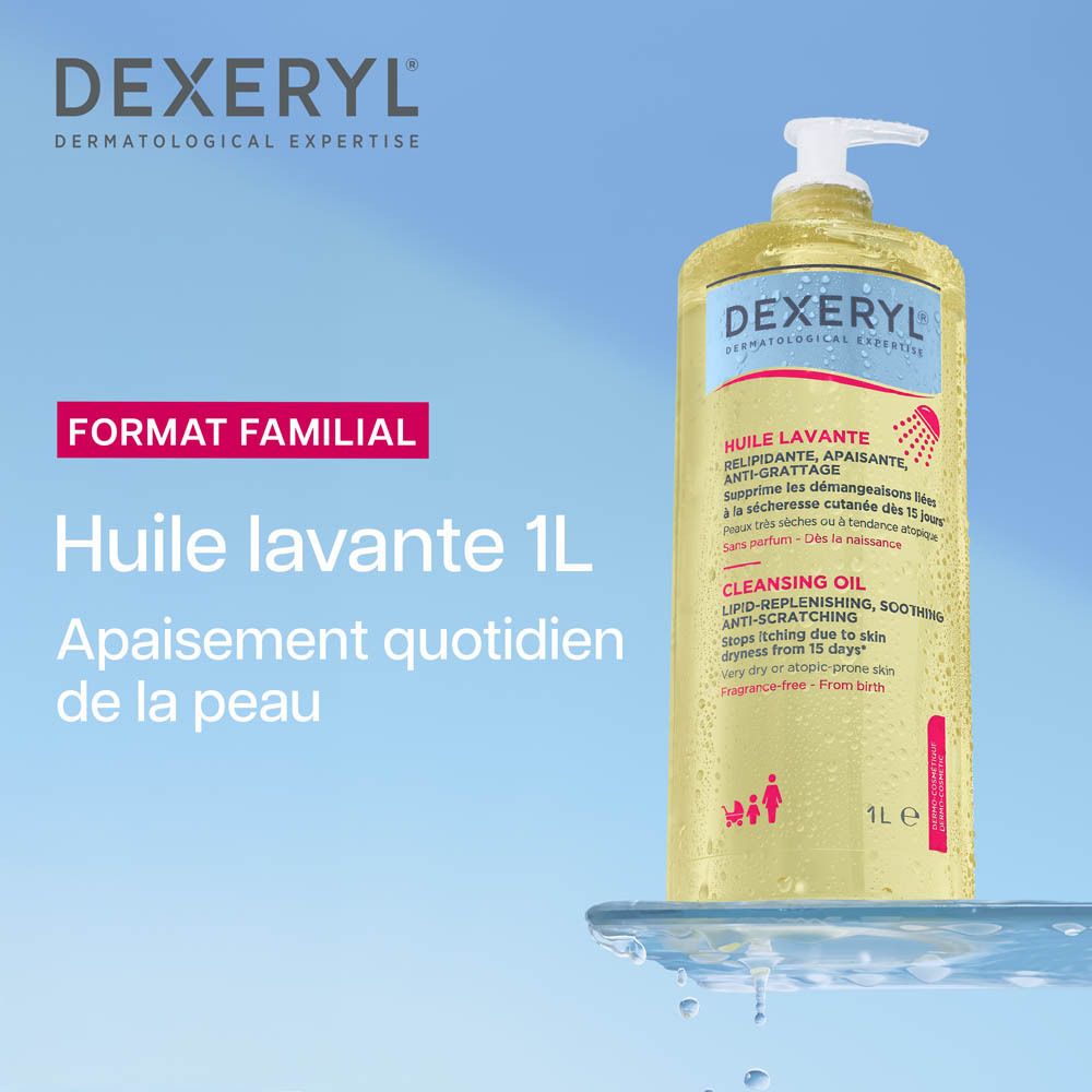 DEXERYL Huile Lavante. Produit sur fond bleu. Texte.