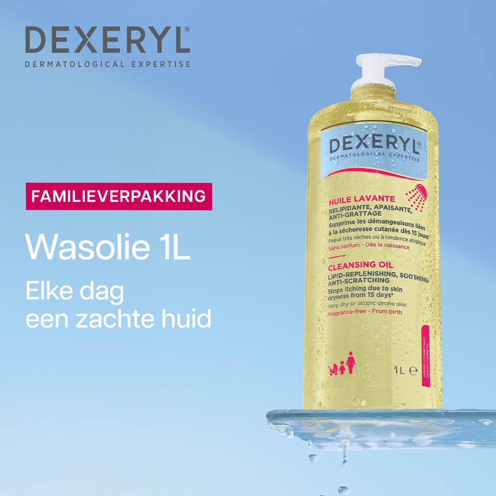 DEXERYL Wasolie. Product op blauwe achtergrond. Tekst.