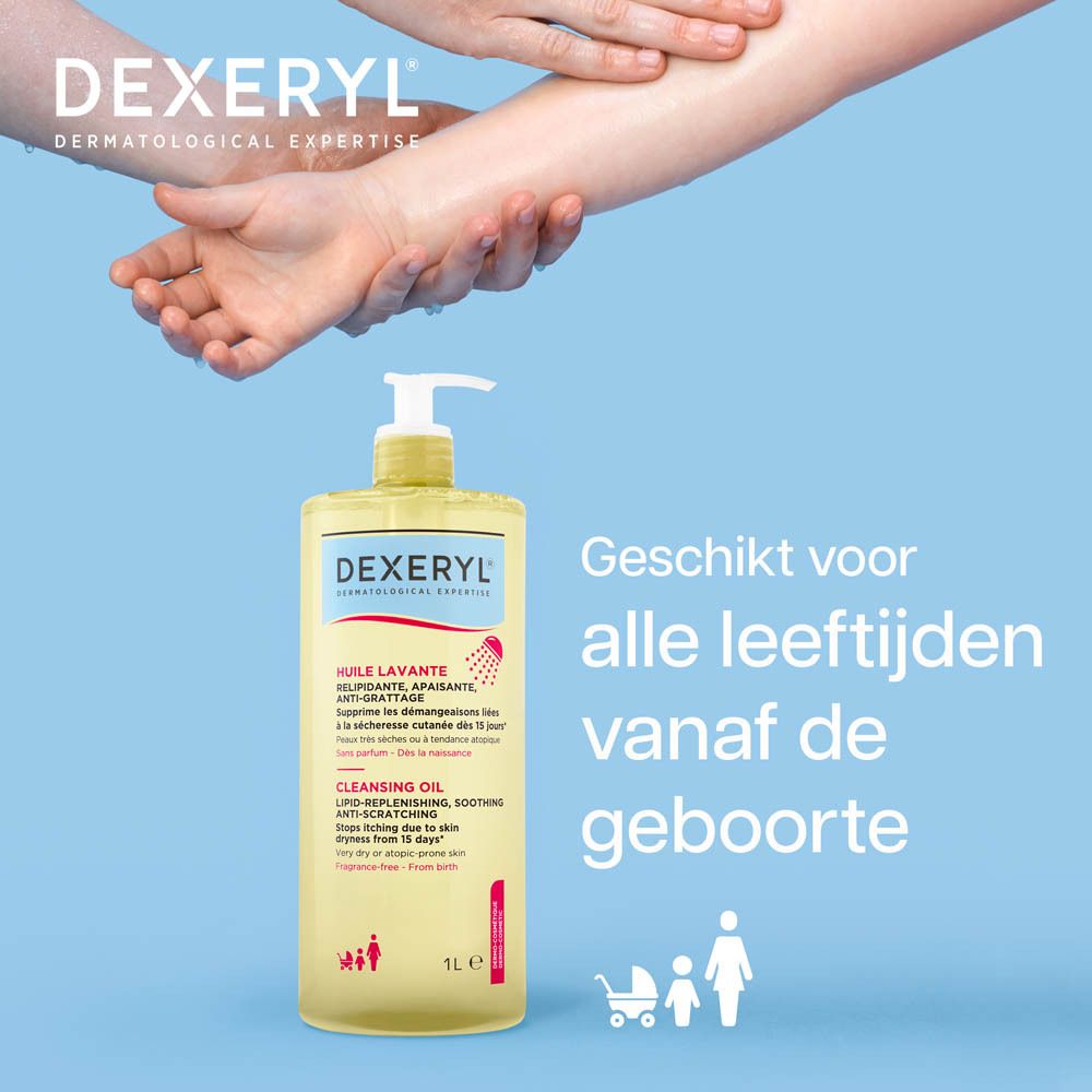 Handen houden arm vast. DEXERYL Wasolie. Tekst en logo. 1L.