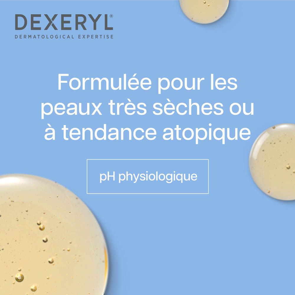 DEXERYL Huile Lavante. Texte et logo. Bulles sur fond bleu.