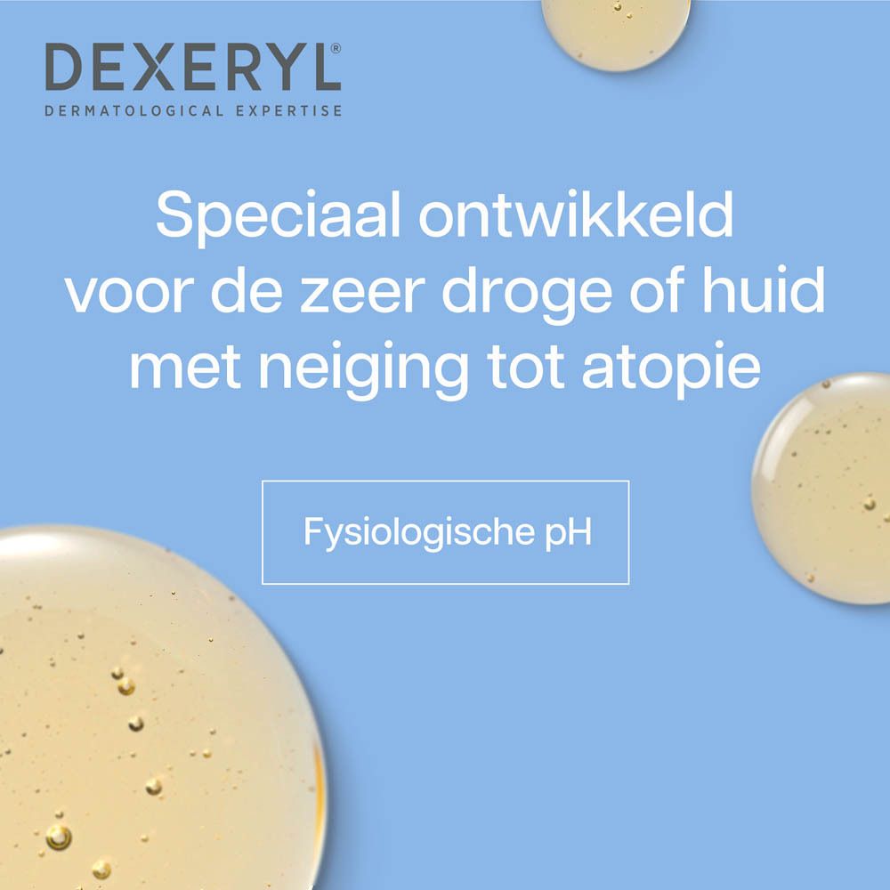 DEXERYL Wasolie. Tekst en logo. Bellen op blauwe achtergrond.