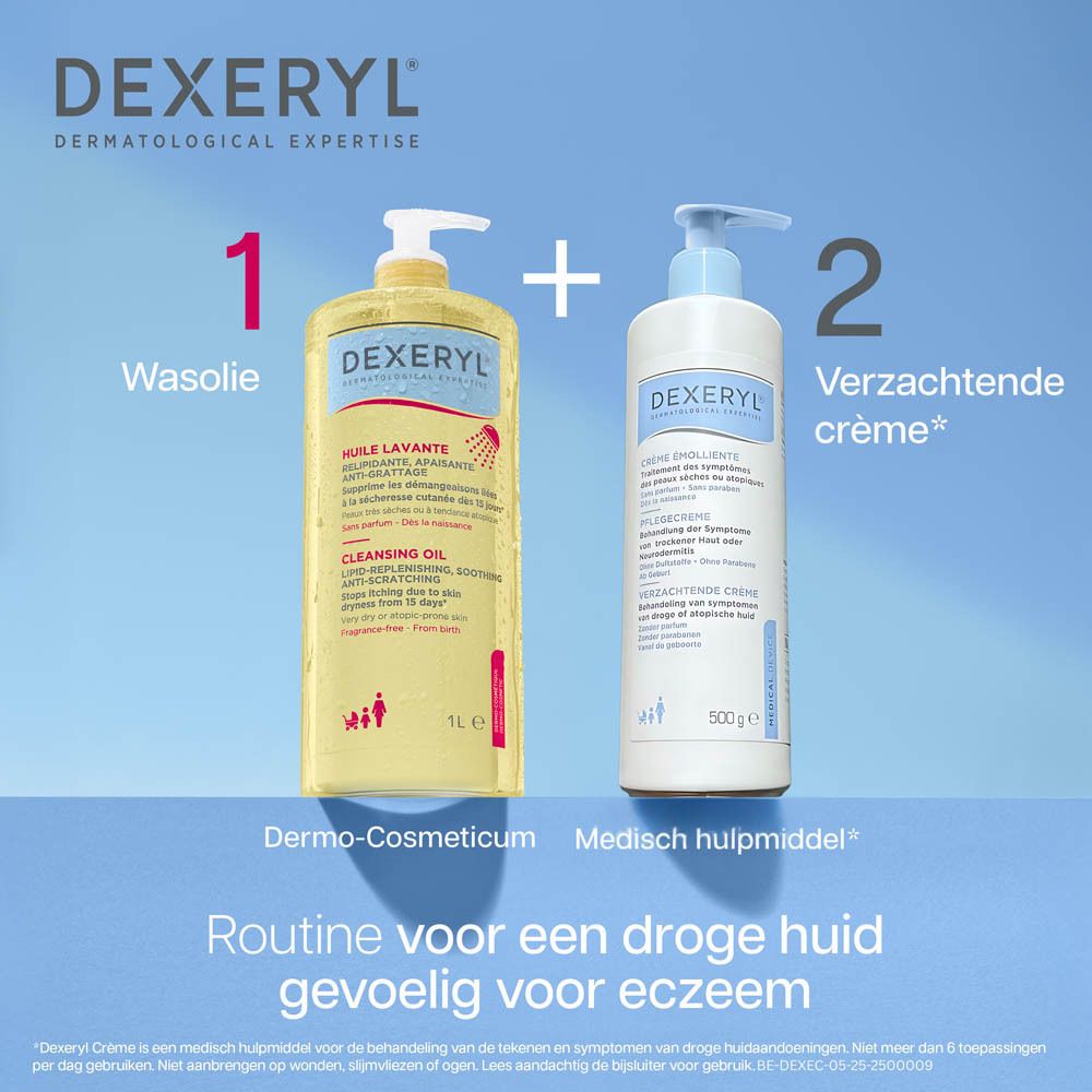 DEXERYL Wasolie en crème. Tekst en logo. 1L en 500g.