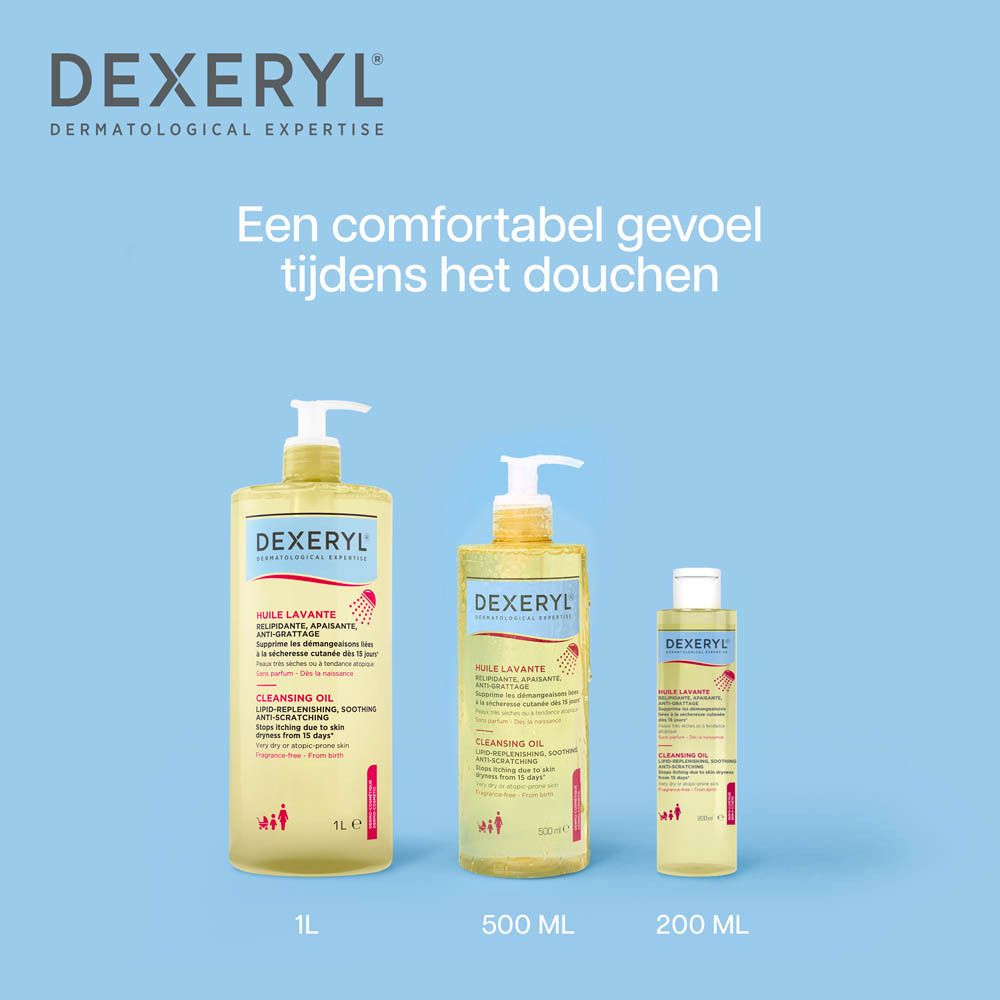 DEXERYL Wasolie. Flessen 1L, 500ml en 200ml. Tekst en logo.