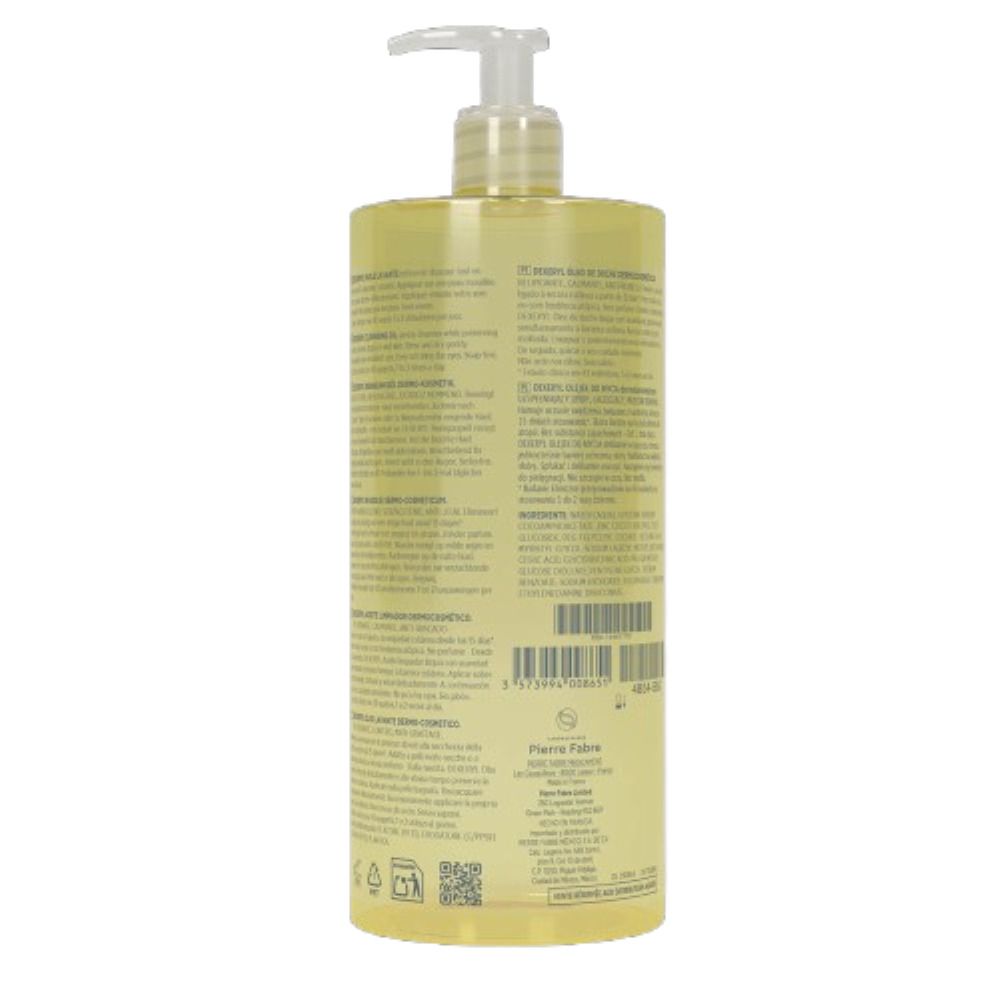 Achterkant DEXERYL Huile Lavante fles. Tekst en barcode.