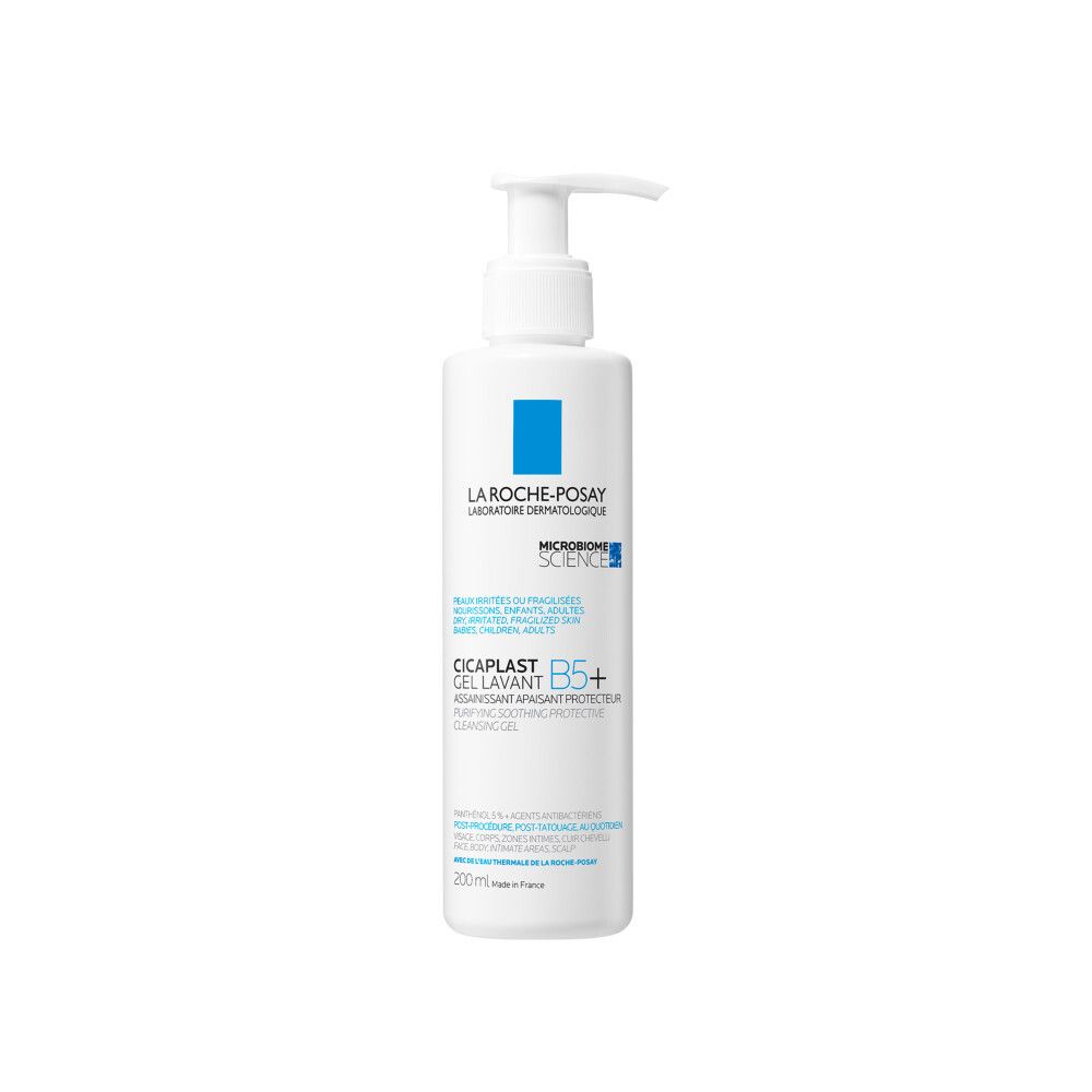 Flacon blanc avec pompe. Inscription: La Roche-Posay, Cicaplast B5+. Gel Lavant. 200 ml.