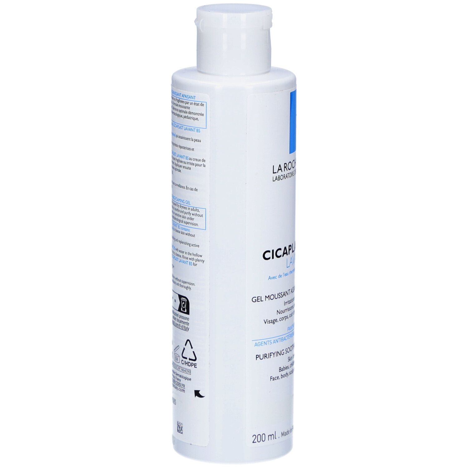 Witte fles met blauwe rechthoek. Opschrift: La Roche-Posay, Cicaplast Lavant B5. Gel Moussant. 200 ml. Zijaanzicht.