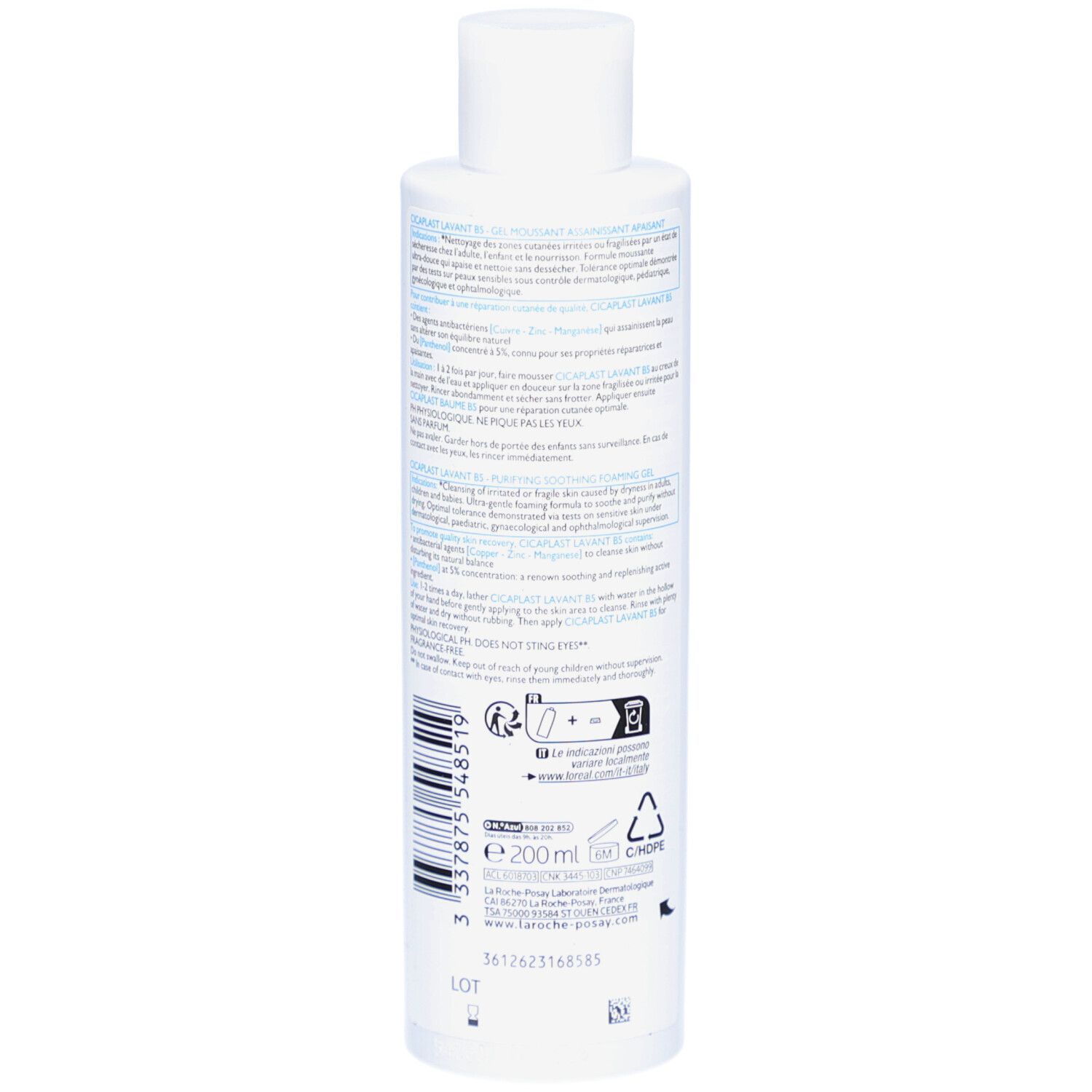 Achterkant van de witte fles. Opschrift: La Roche-Posay, Cicaplast Lavant B5. Gel Moussant. 200 ml. Tekst.