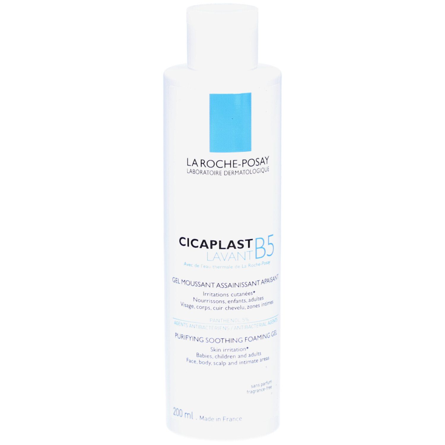 Witte fles met blauwe rechthoek. Opschrift: La Roche-Posay, Cicaplast Lavant B5. Gel Moussant. 200 ml.