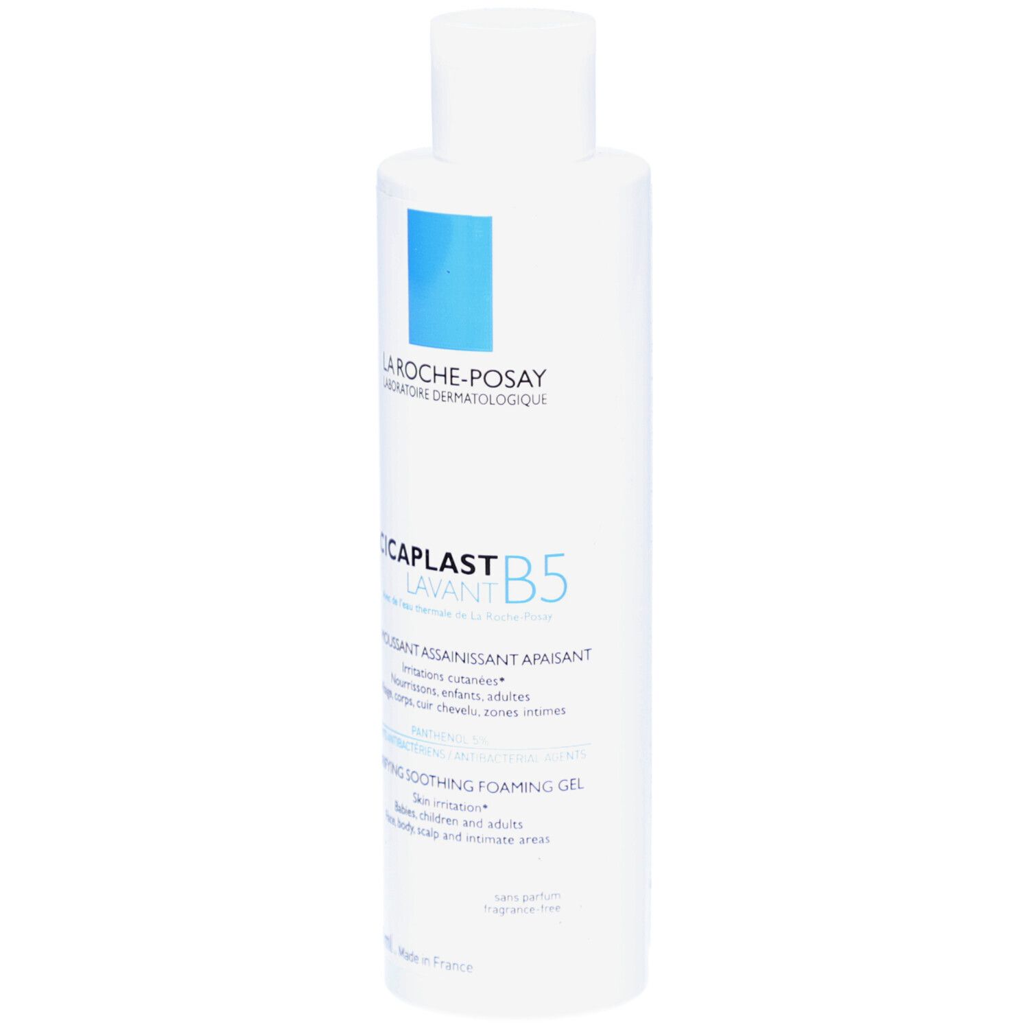 Witte fles met blauwe rechthoek. Opschrift: La Roche-Posay, Cicaplast Lavant B5. Gel Moussant. 200 ml.
