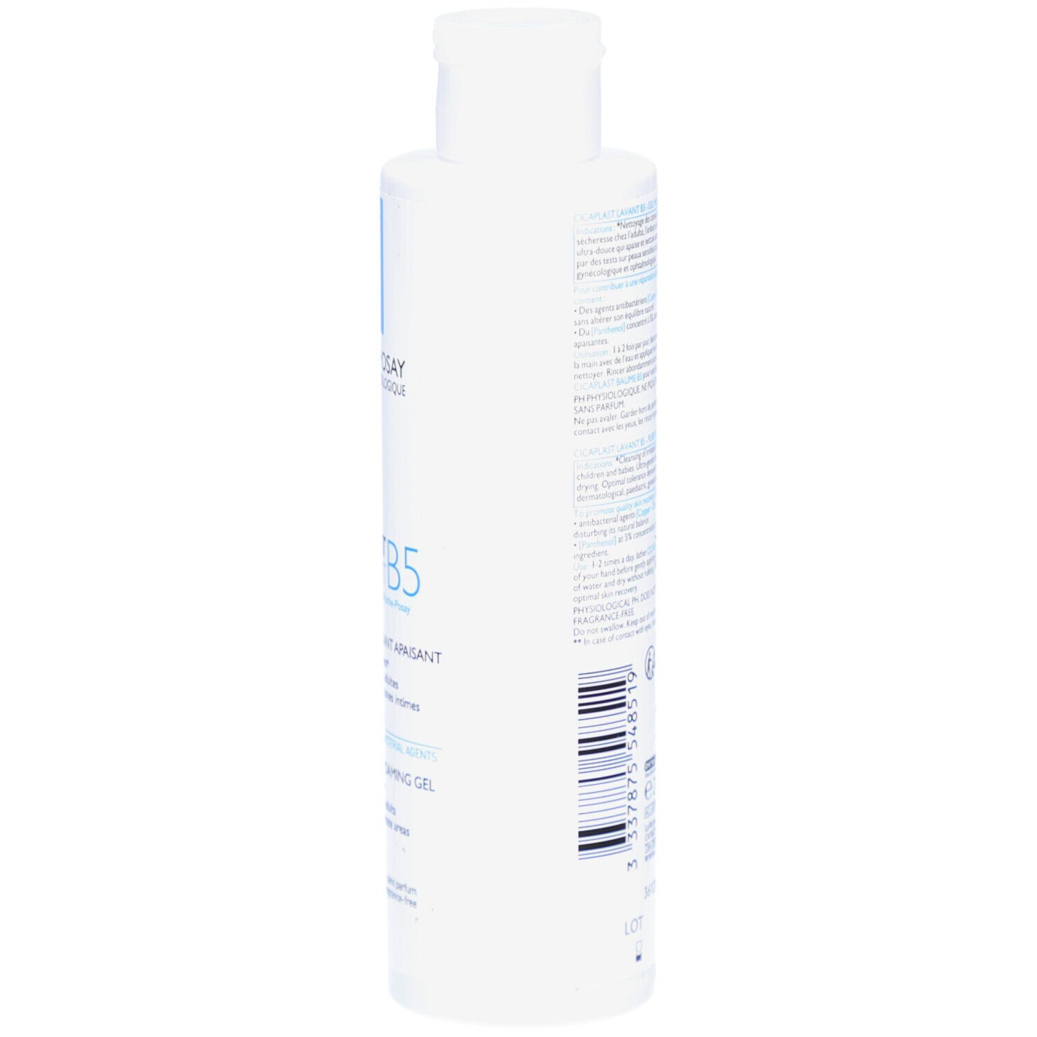 Achterkant van de witte fles. Opschrift: La Roche-Posay, Cicaplast Lavant B5. Gel Moussant. Tekst.