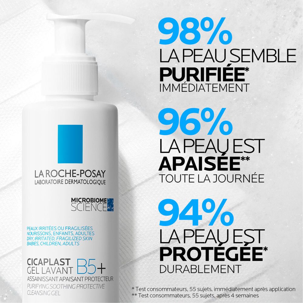 Flacon avec pompe. Inscription: La Roche-Posay, Cicaplast B5+. Texte: 98% la peau semble purifiée, 96% la peau est apaisée, 94% la peau est protégée.