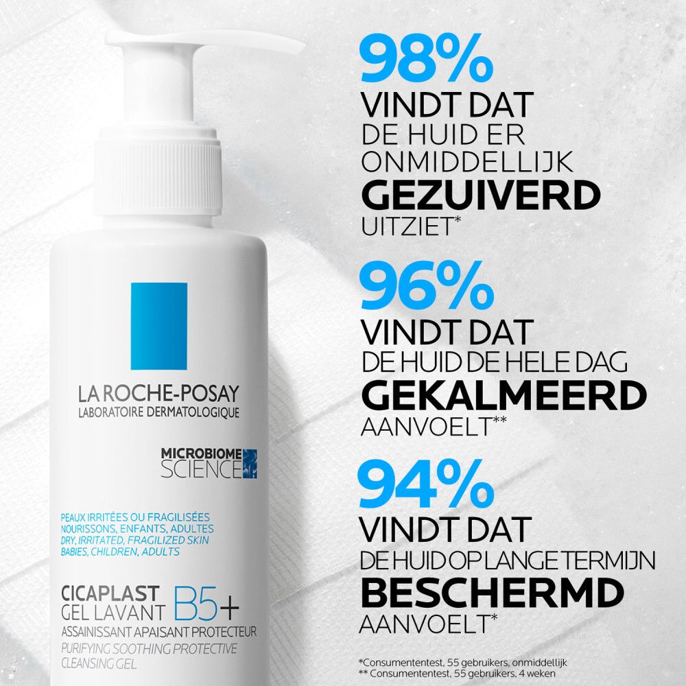 Fles met pomp. Opschrift: La Roche-Posay, Cicaplast B5+. Tekst: 98% vindt dat de huid er onmiddellijk gezuiverd uitziet, 96% vindt dat de huid de hele dag gekalmeerd aanvoelt, 94% vindt dat de huid op lange termijn beschermd aanvoelt.