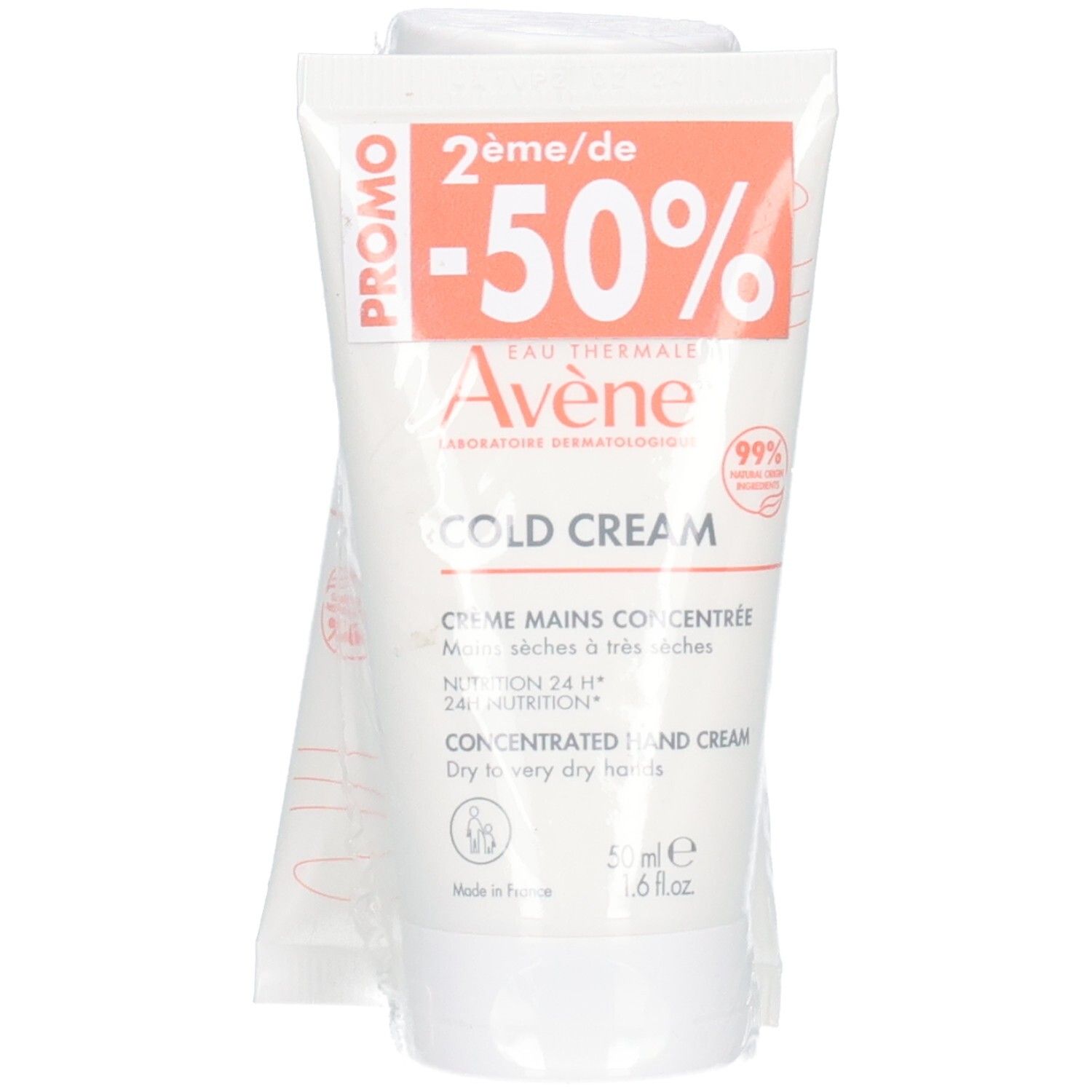 Crème mains Avène Cold Cream dans un tube blanc avec mention promotionnelle orange.
