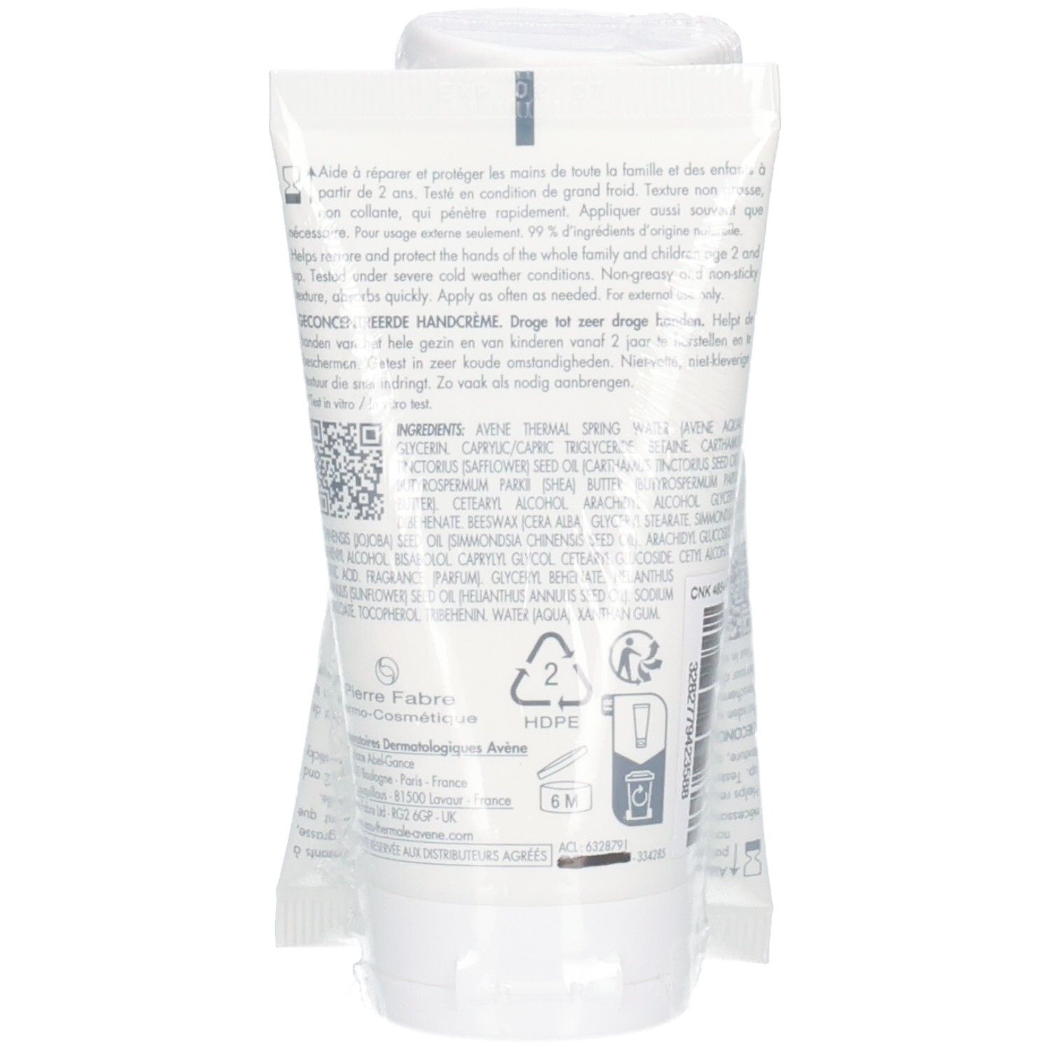 Dos d'un tube de crème mains Avène Cold Cream avec liste d'ingrédients et symboles de recyclage.